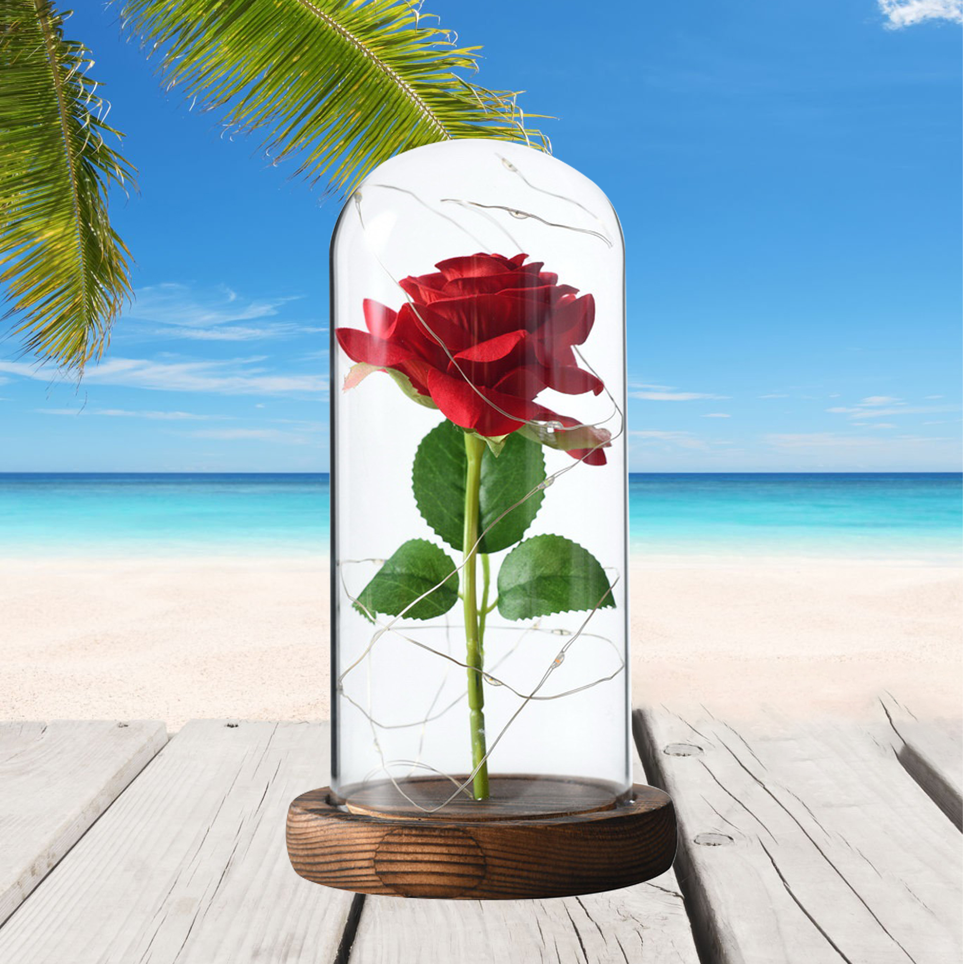 Preserved Red Rose in Glass Dome with LED Lights