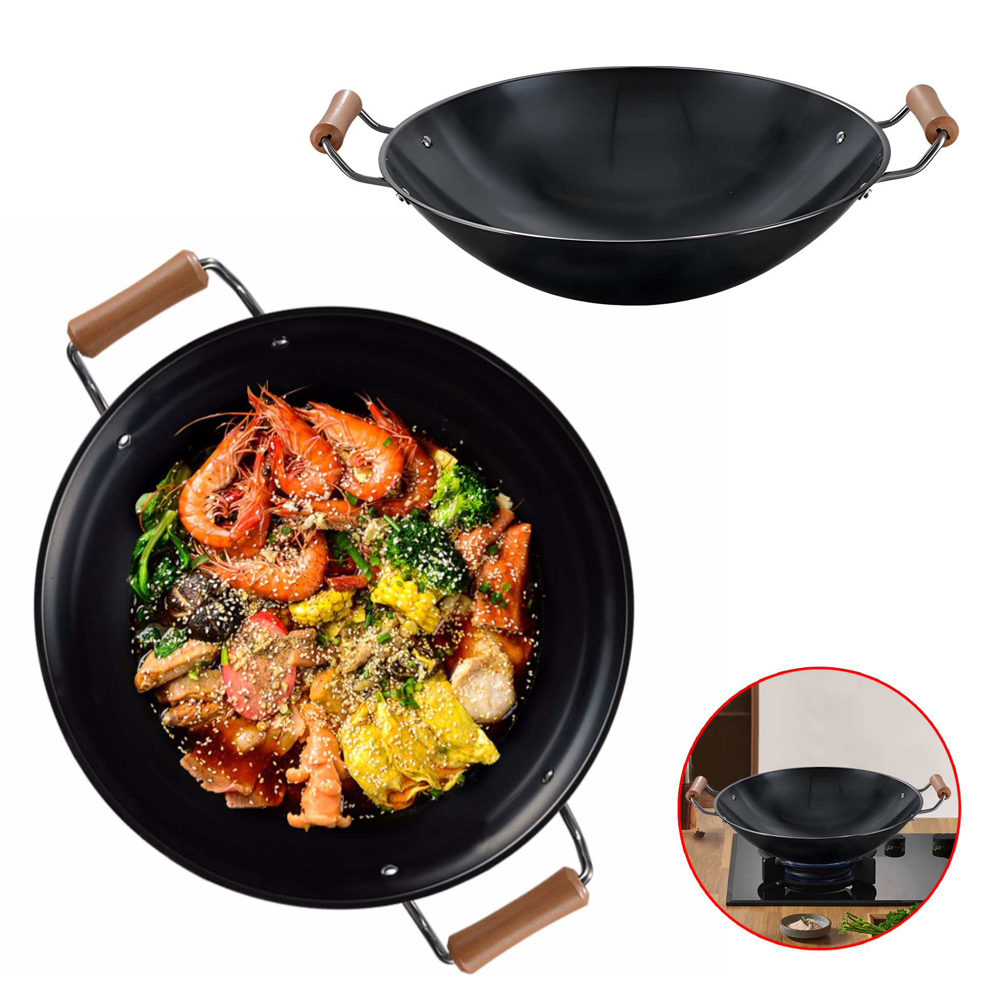 Iron Wok with Wooden Handles