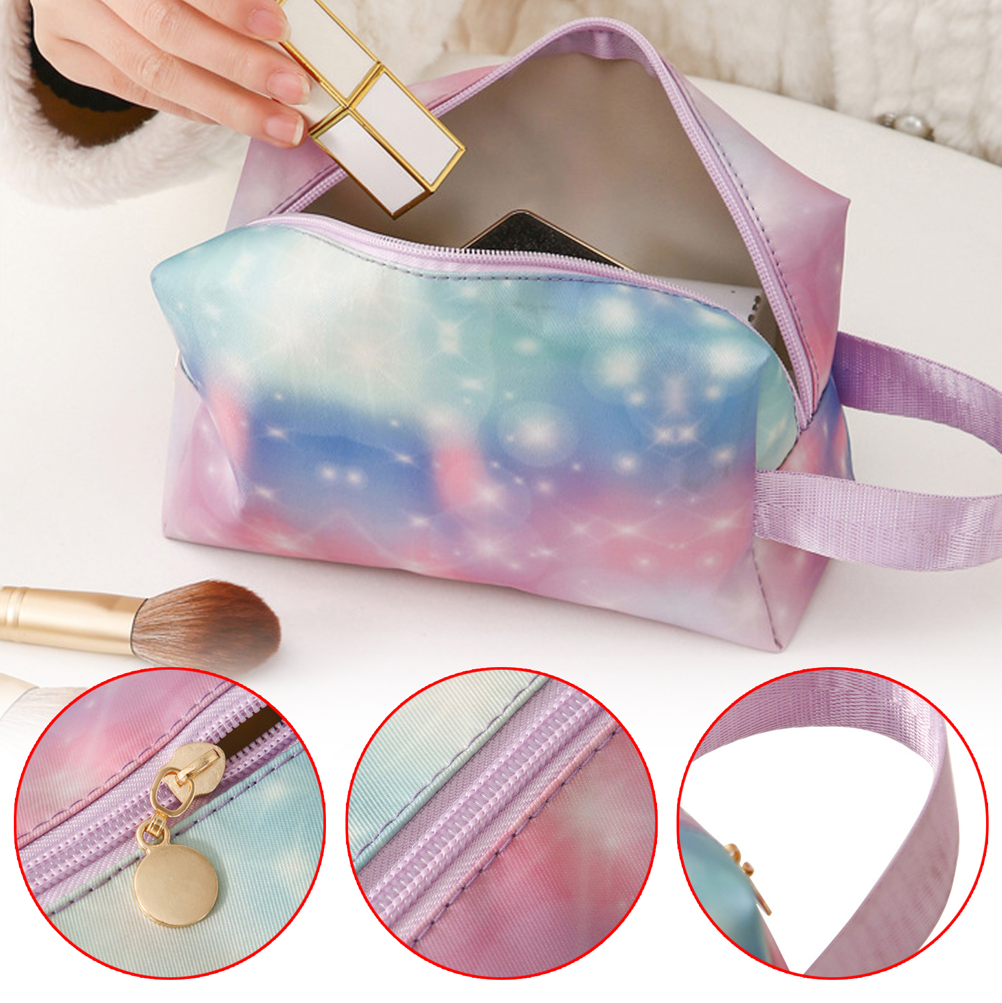 Pastel Rainbow Printed Makeup Bag with Carrying Strap