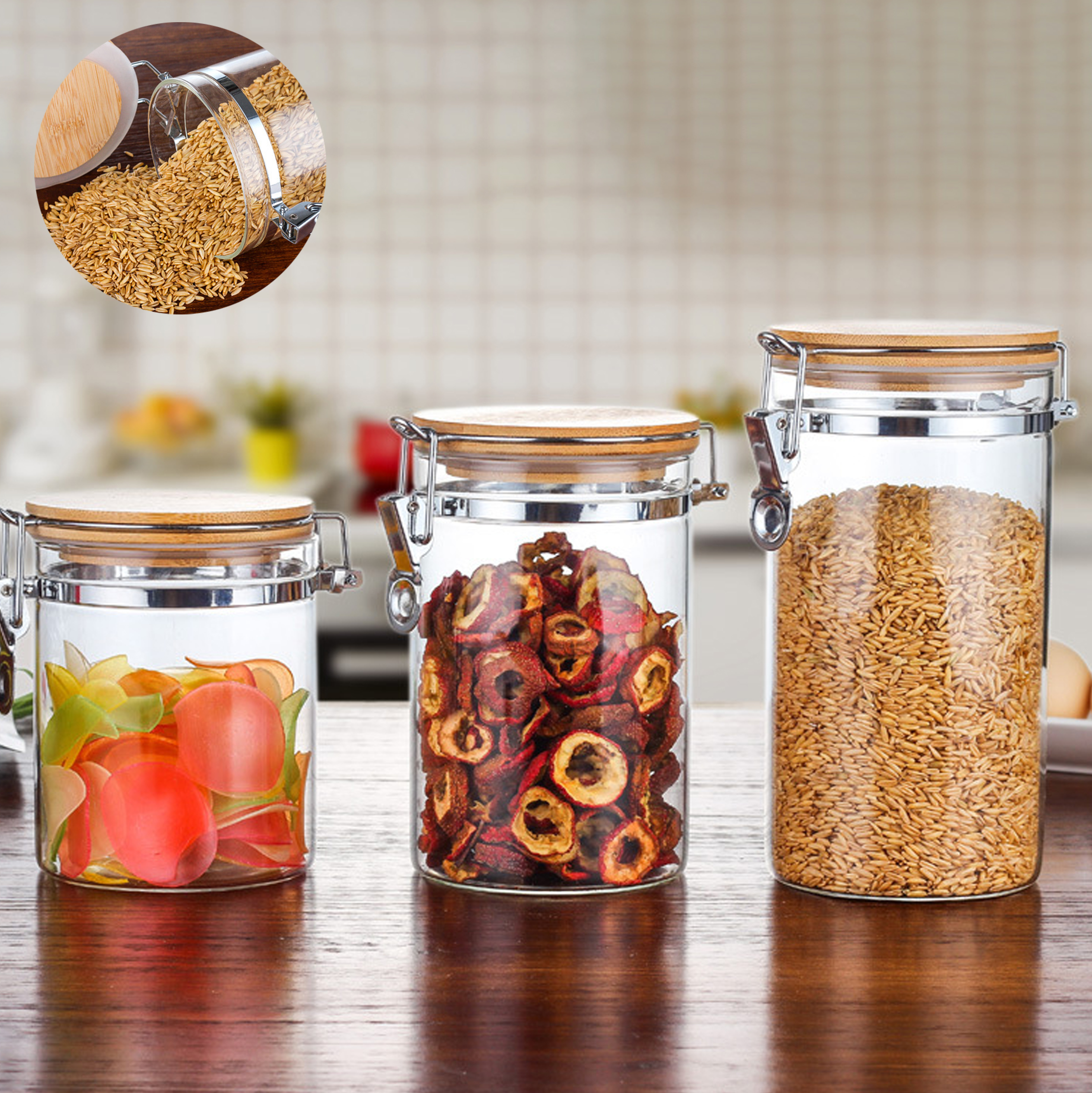 Airtight Bamboo Lid Glass Storage Jars for Home Use