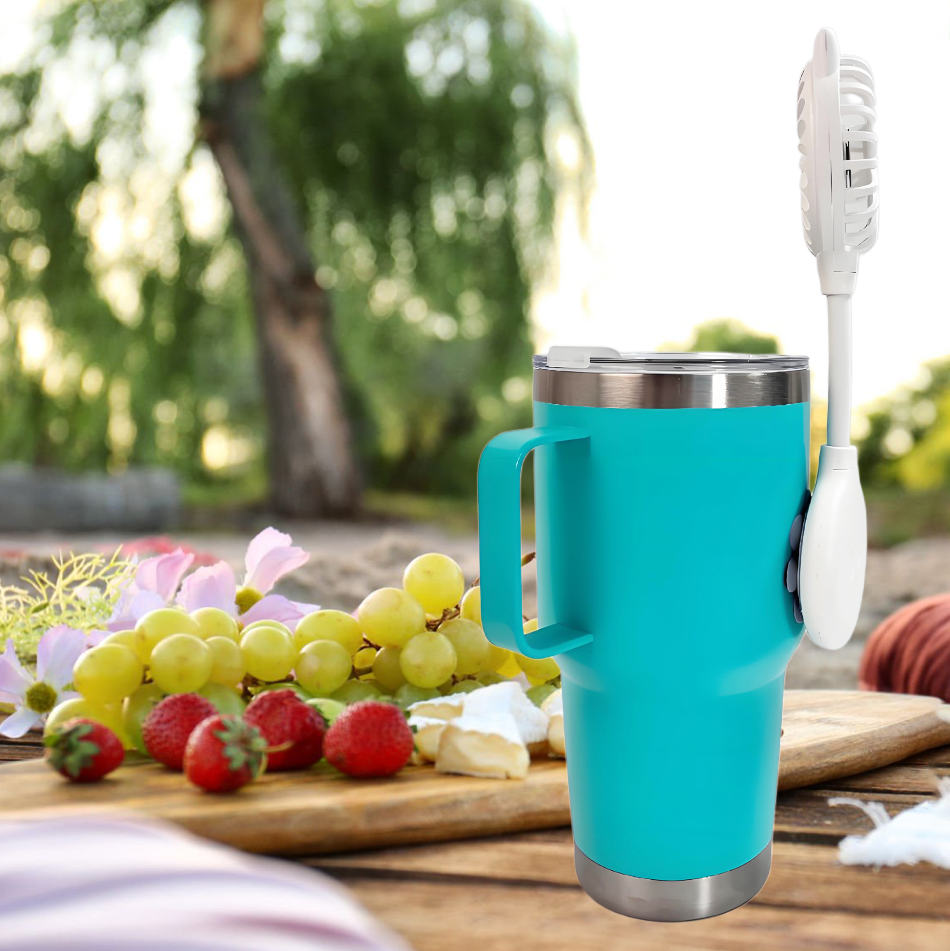 Stainless Steel Travel Mug & Cat - Ear Mini Fan Set
