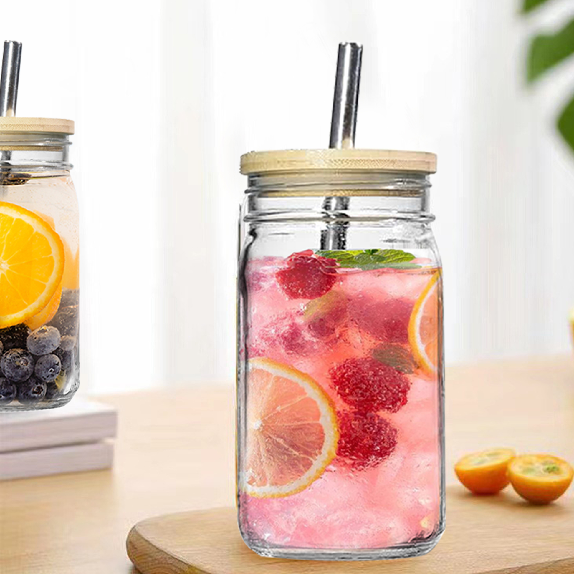 Set of 8 Mason Jar Style Glass SUS Straw with Bamboo & Tin Lids