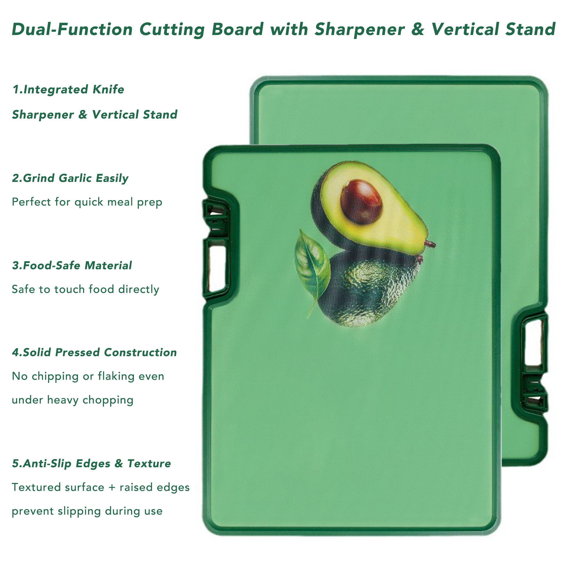 Avocado Print Cutting Board with Knife Sharpener & Vertical Stand