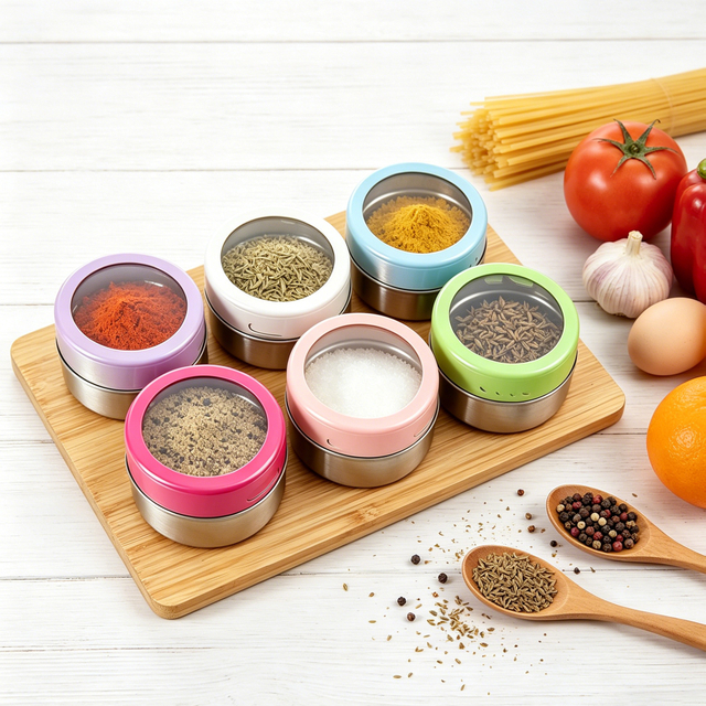 6 Pack Magnetic Spice Jars with Bamboo Base