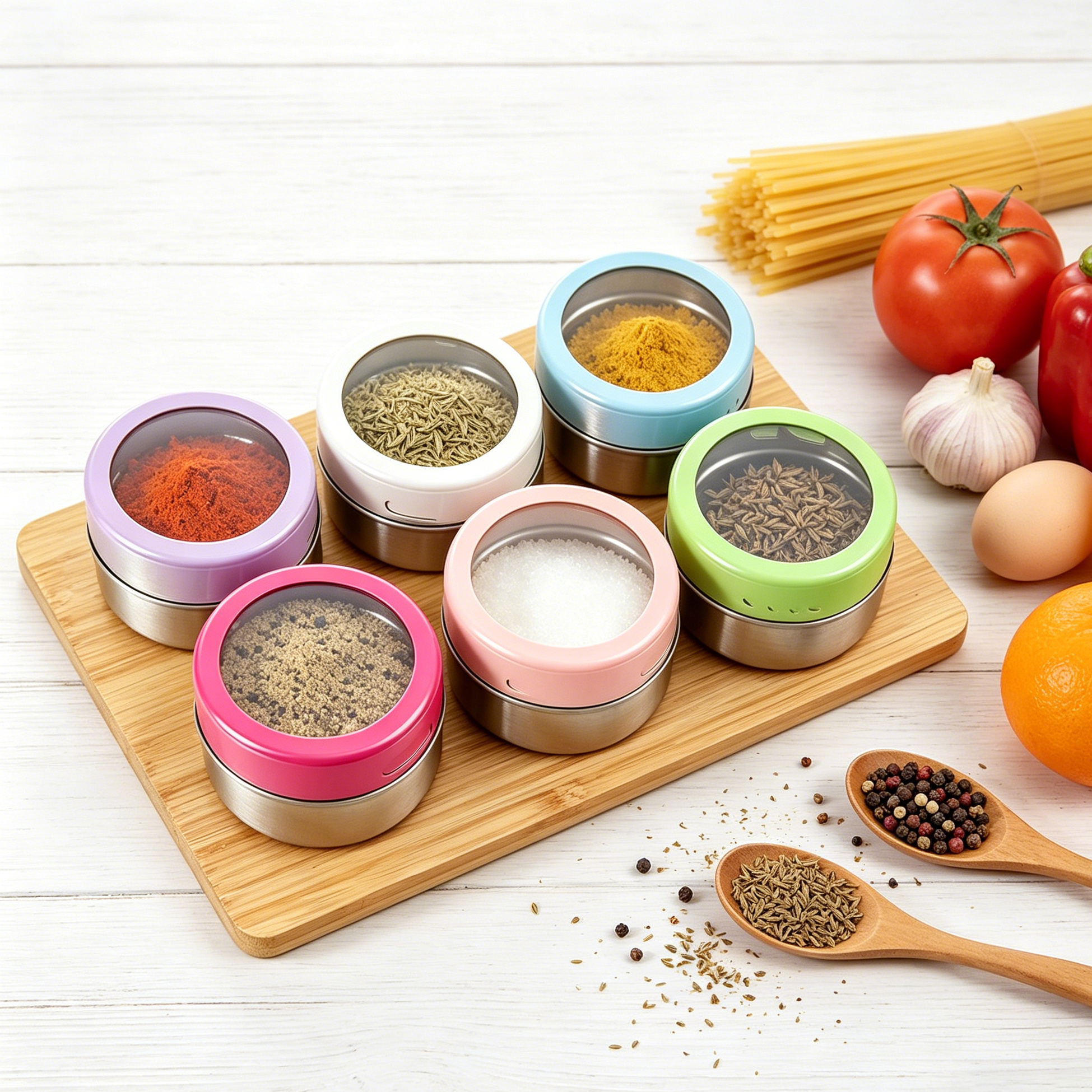 6 Pack Magnetic Spice Jars with Bamboo Base