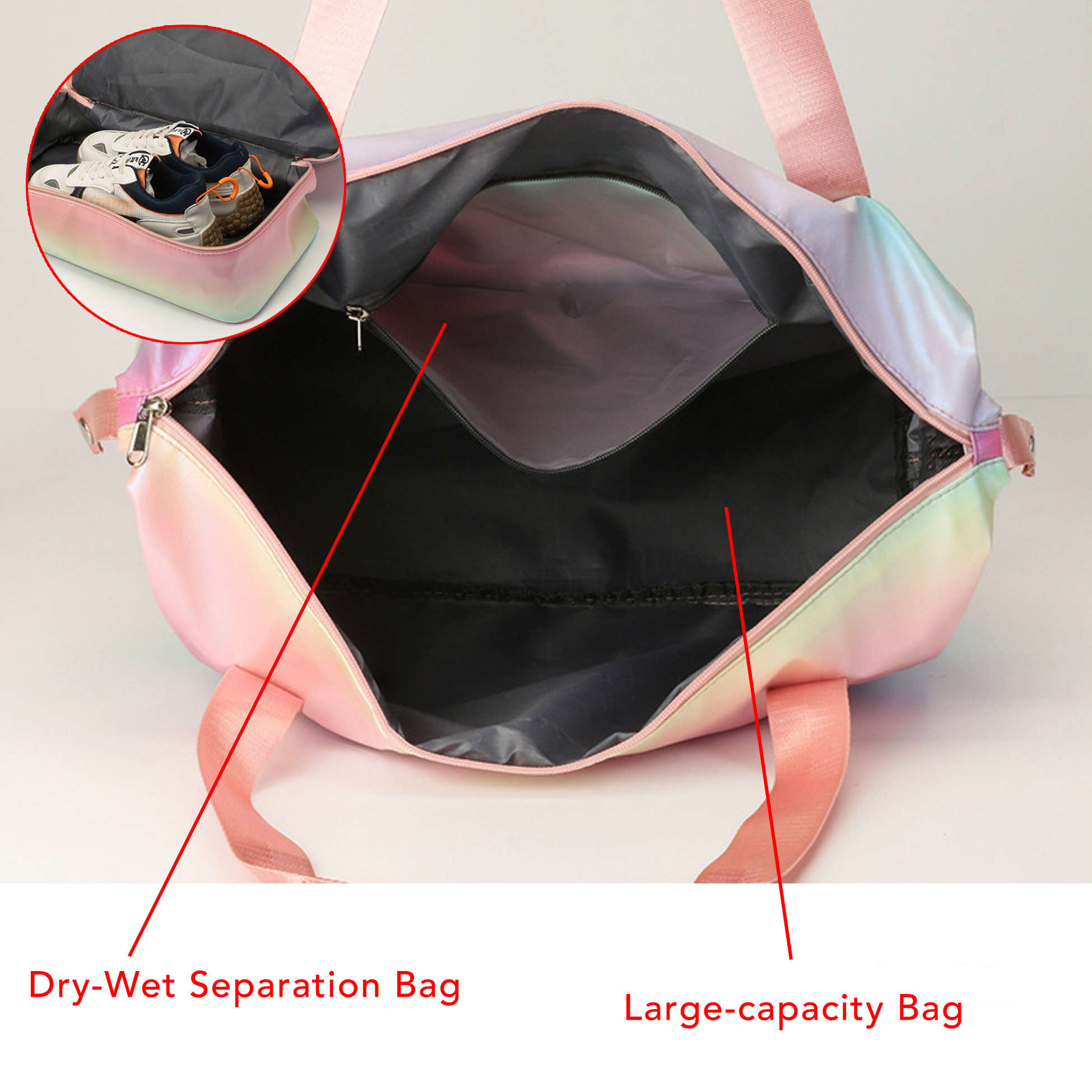 Gradient Rainbow Travel Tote Bag, 42L Waterproof Beach & Gym Duffle Bag