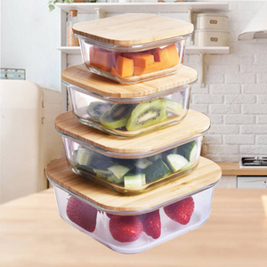 Square Glass Food Container Bamboo Lid 320ml 520ml 800ml 1100ml Eco Friendly Thermal Food Container Lunch Box with Silicon Ring