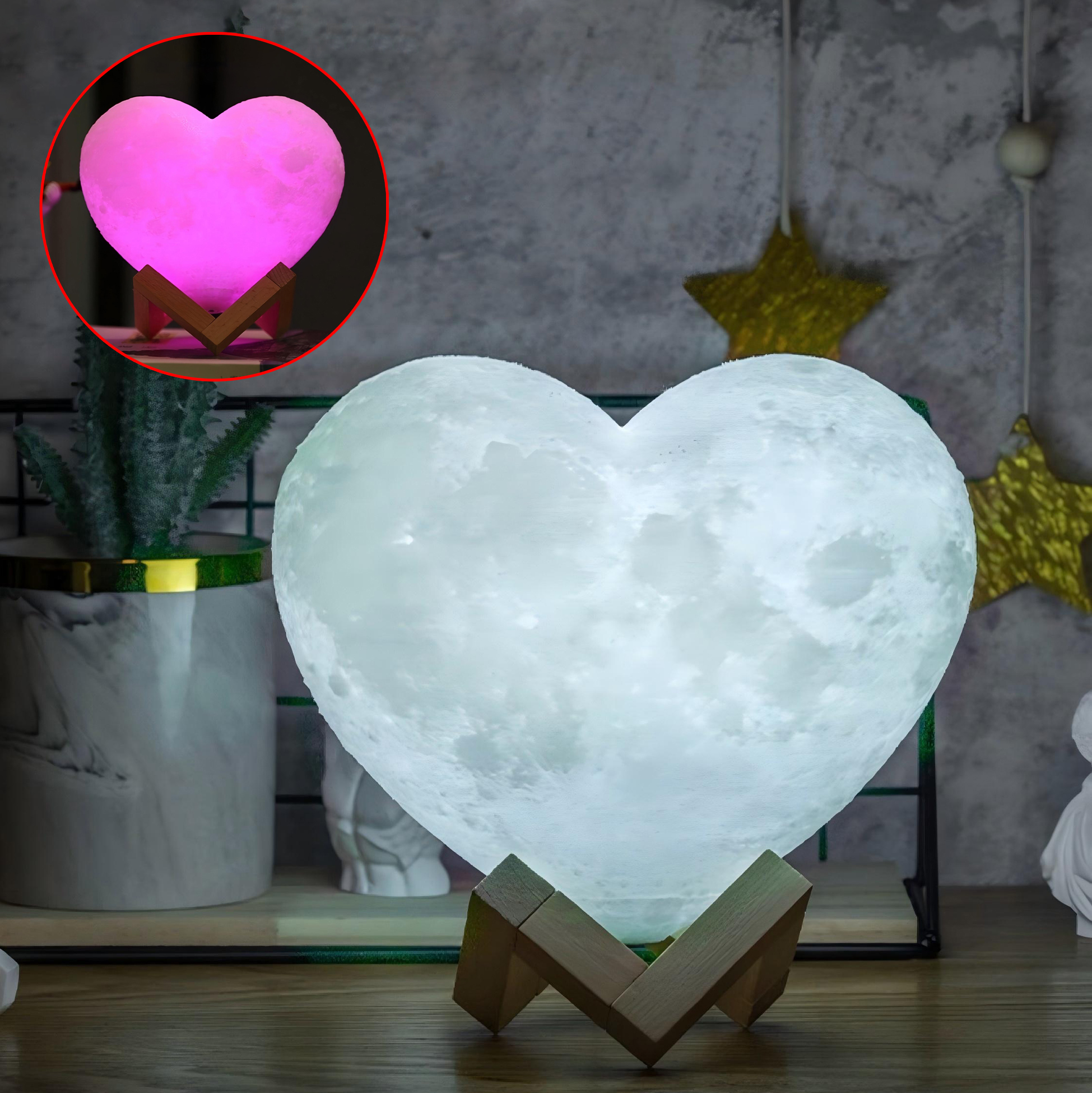 Heart Shaped 3D Moon Night Light with Wooden Stand