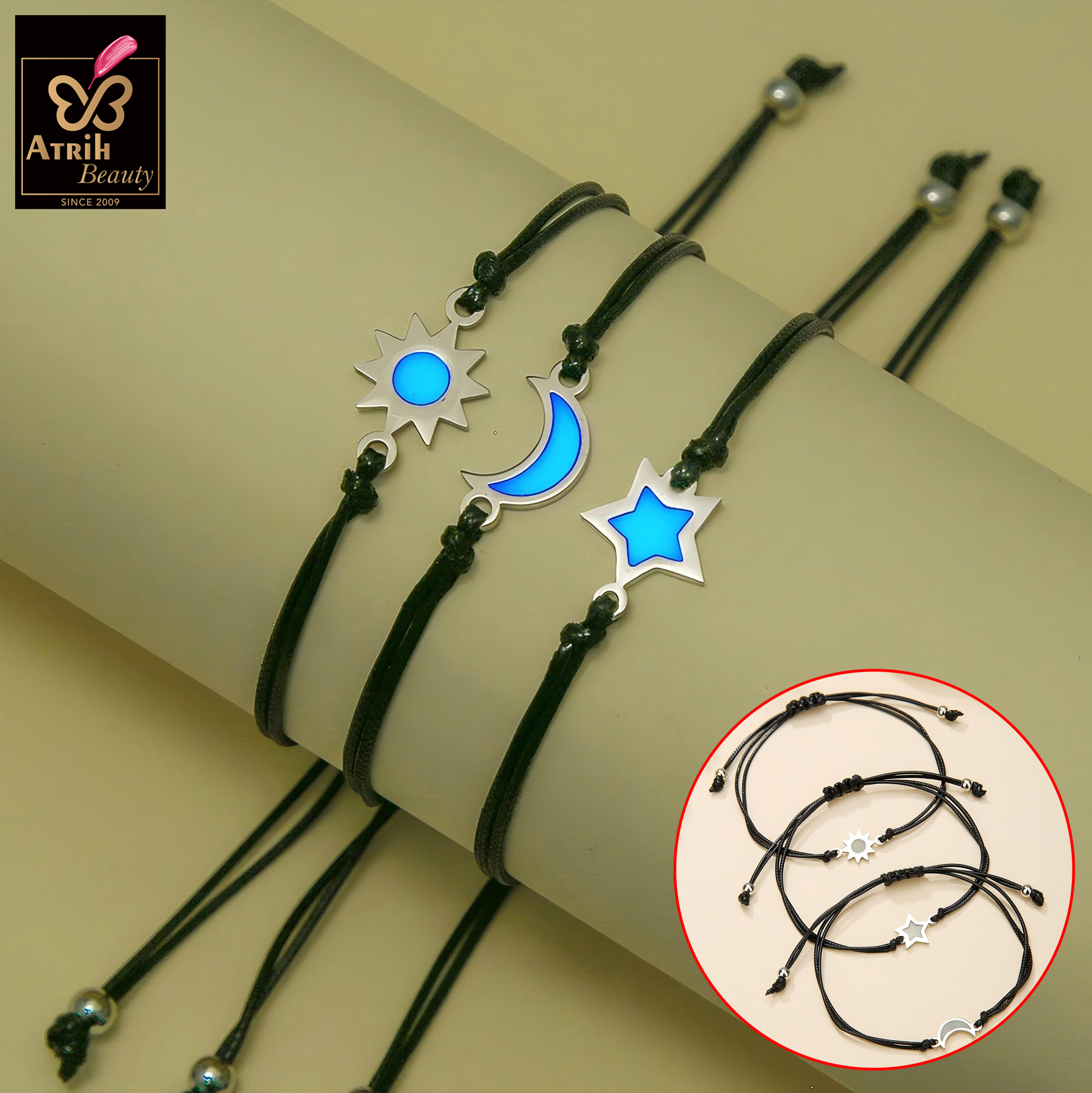 Adjustable Black Cord Bracelet with Celestial Symbol Charm