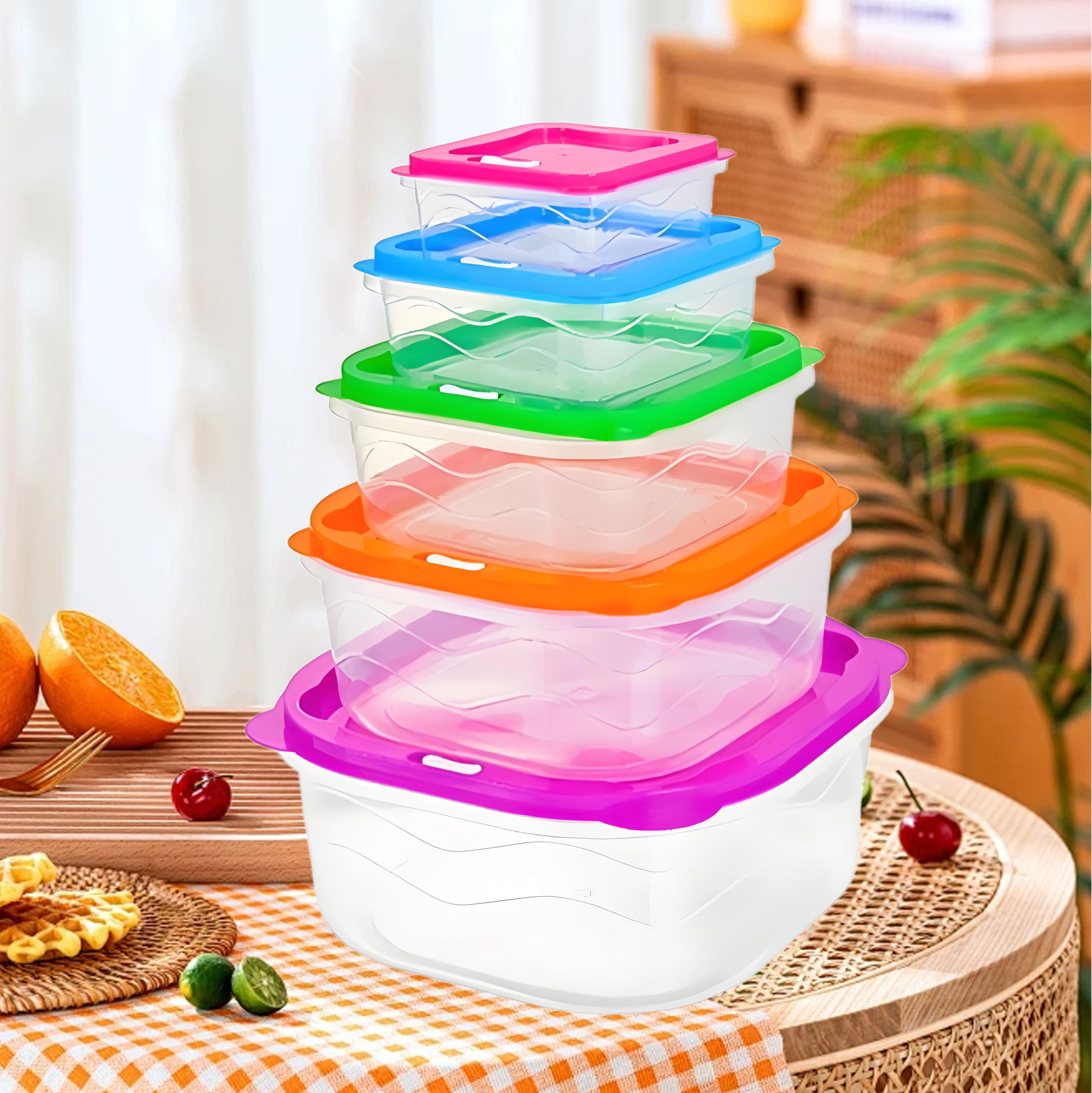 5 Piece Plastic Food Storage Bowl Set with Colorful Lids