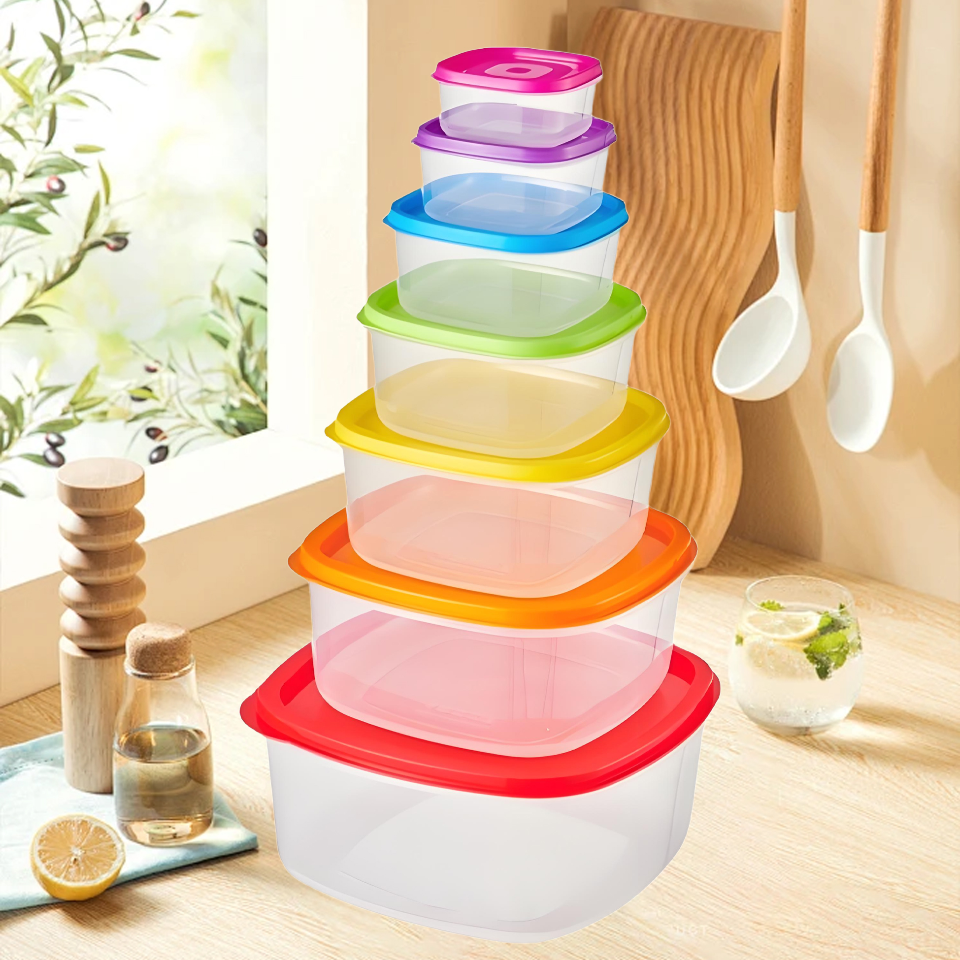 7 Piece Plastic Food Storage Bowl Set with Colorful Lids