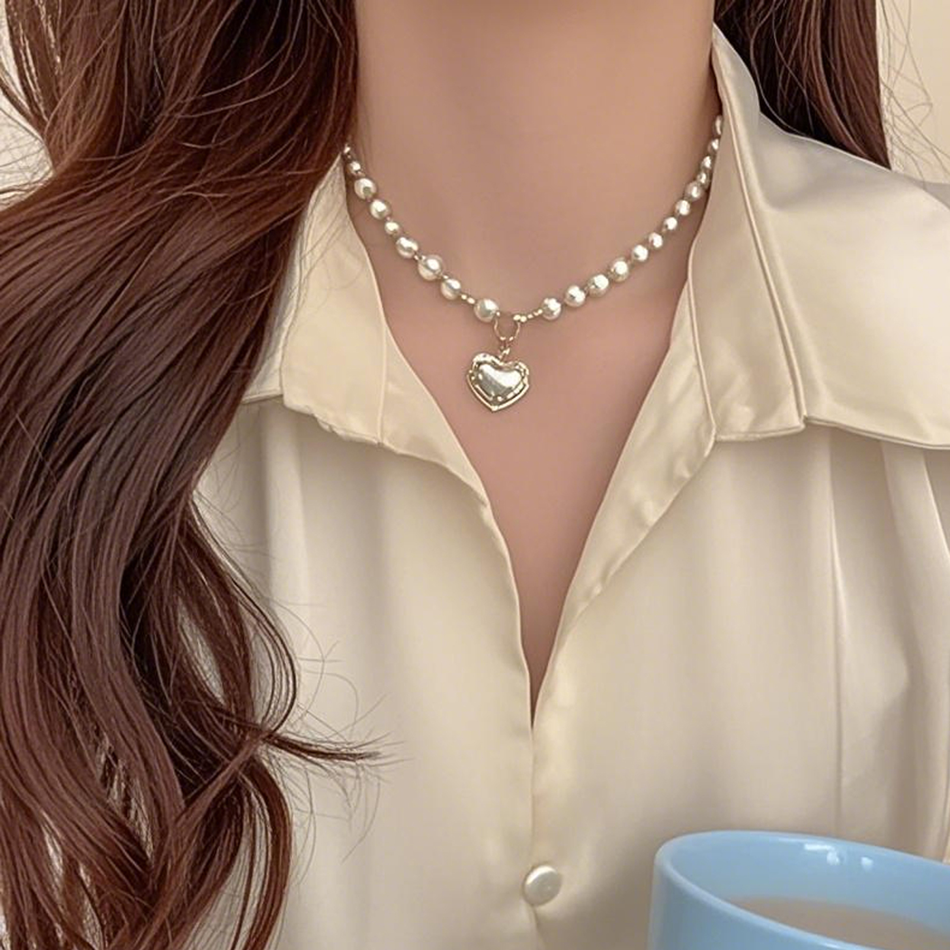 Gold Tone Heart-Shaped Pearl Necklace