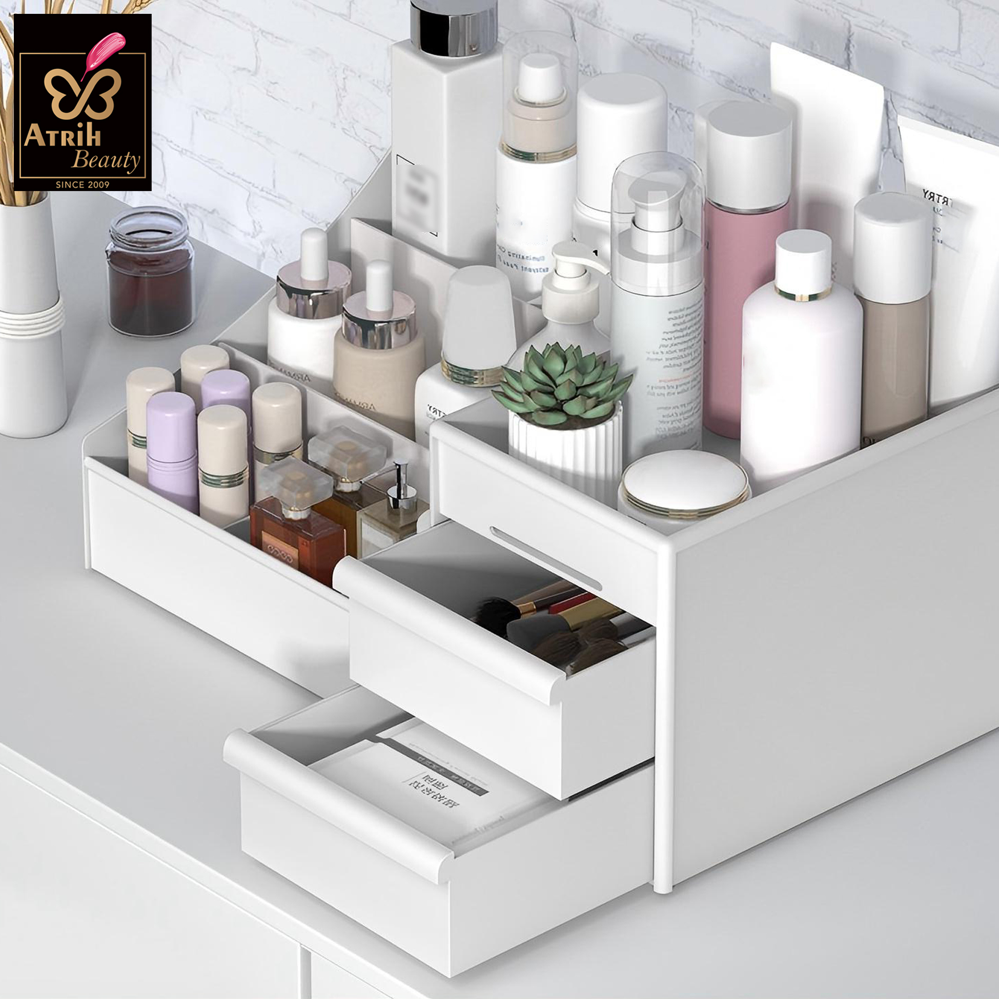 White Multi Compartment Cosmetic Organizer with Drawers
