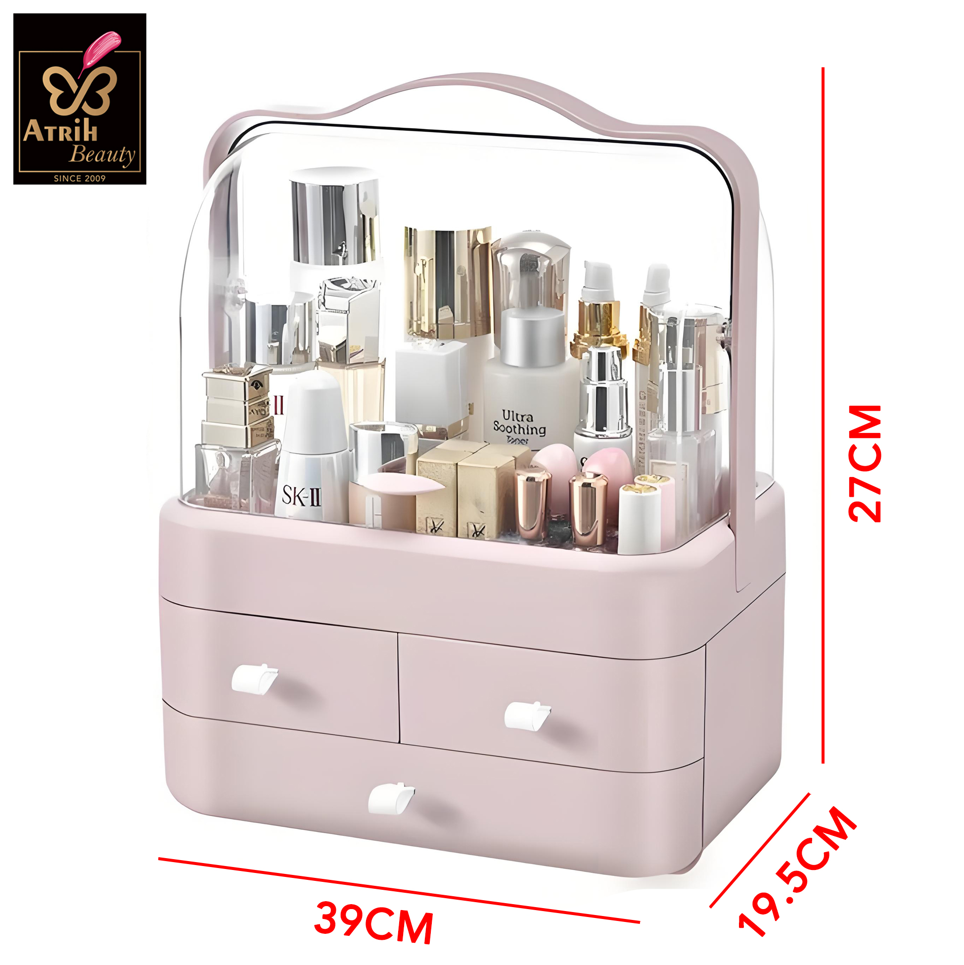 White Cosmetic Organizer with Transparent Lid & 3 Drawers