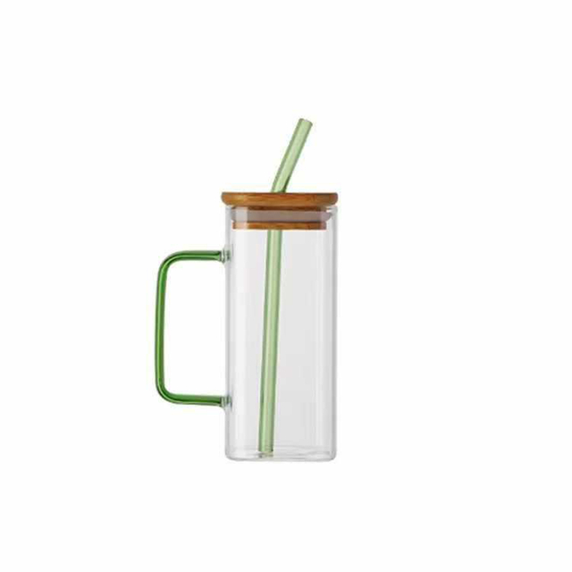 Transparent Glass Mug with Wooden Lid & Straw