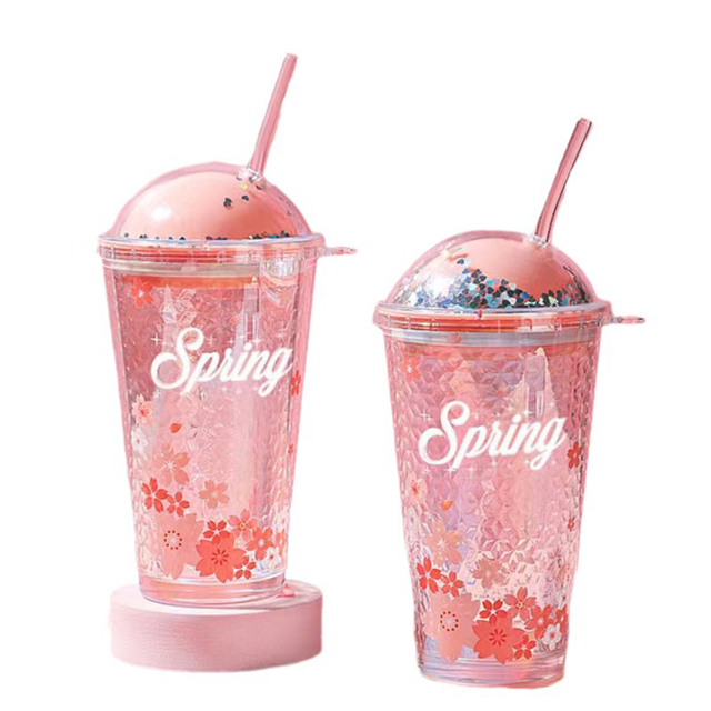 450ML Sakura Themed Glass Straw Cup
