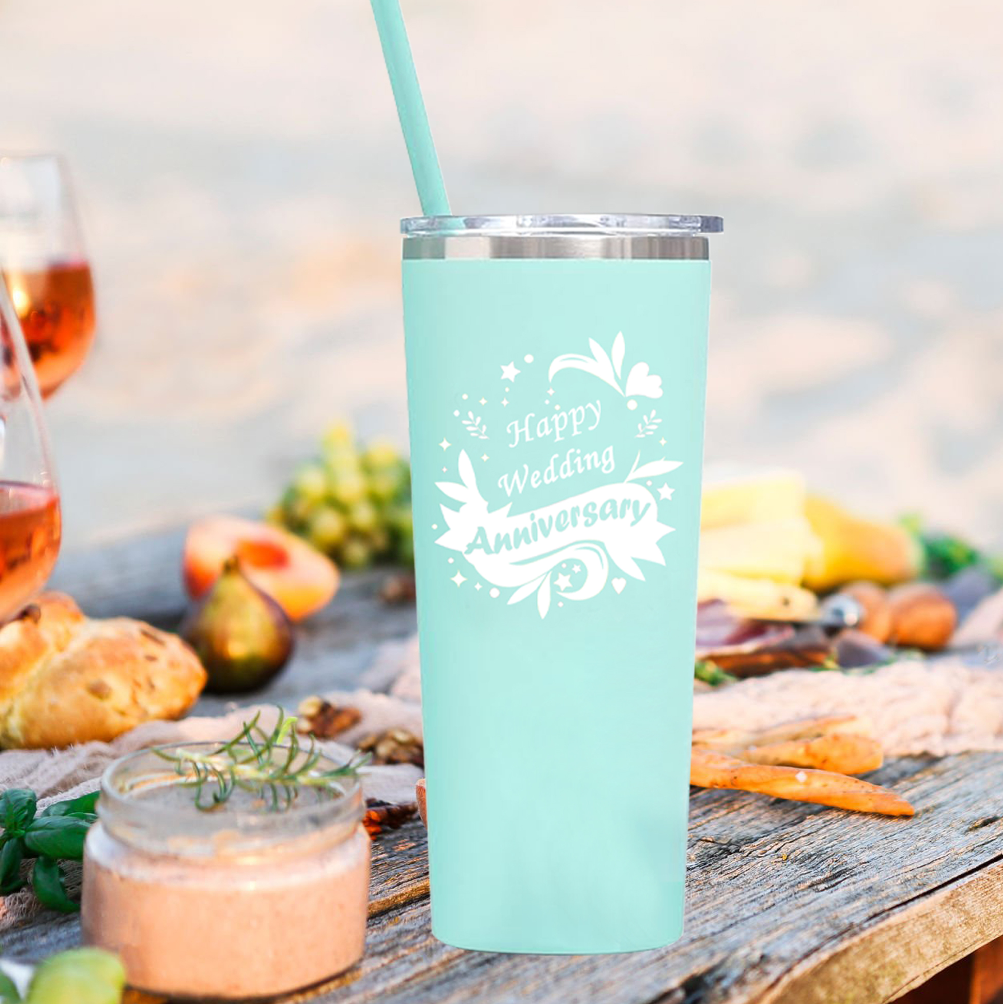Mint Green Stainless Steel Tumbler Set with Rhinestone Keychain