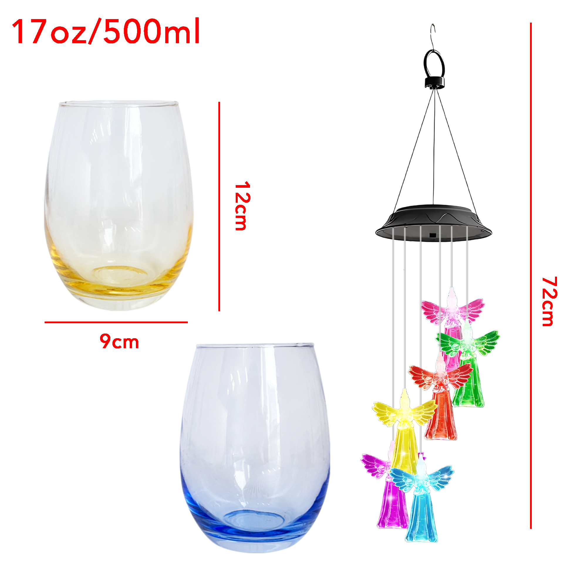 Colorful Angel Wind Chime & Tinted Wine Glass Set