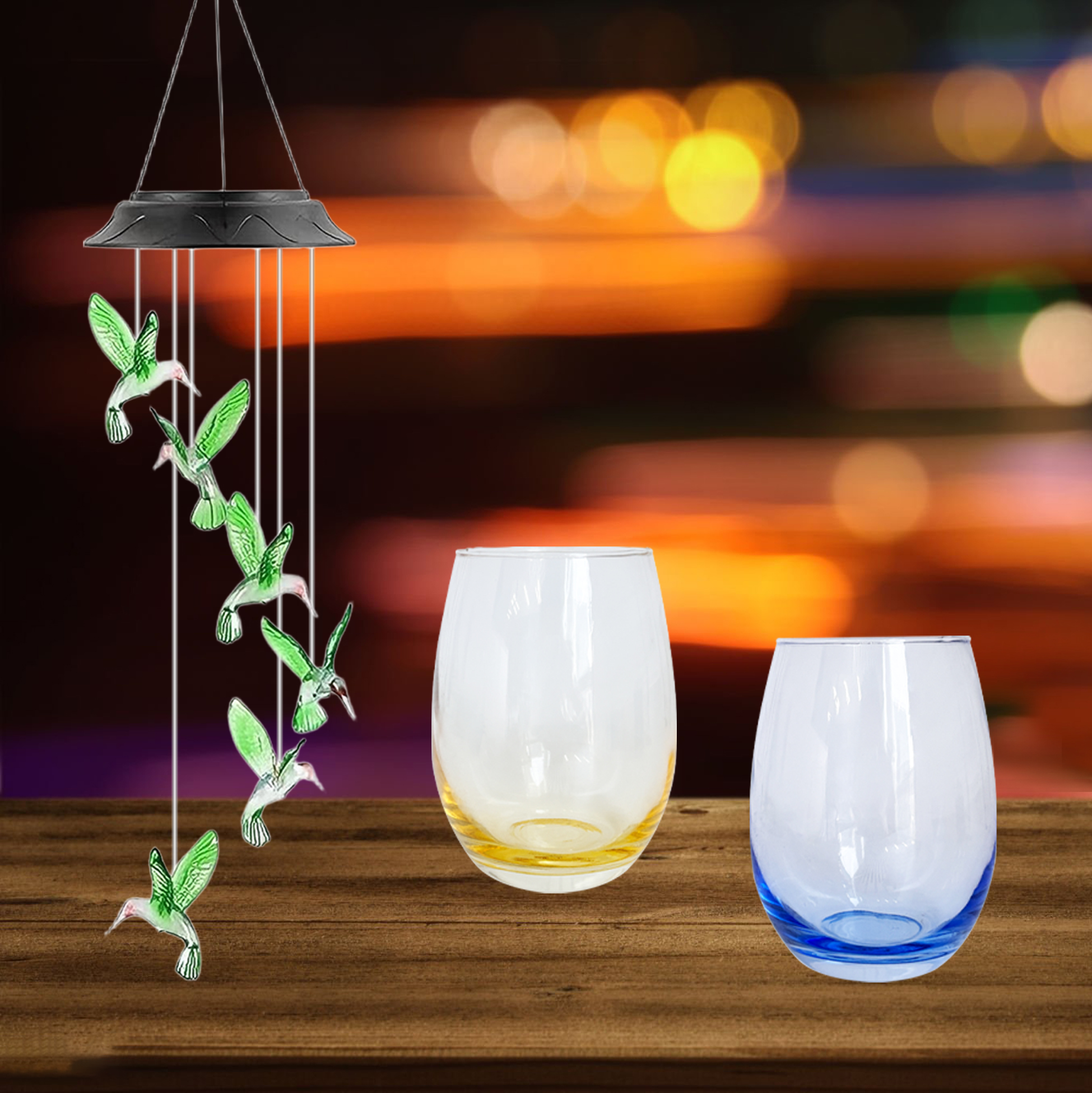 Hummingbird Wind Chime & Color Tinted Wine Glass Set
