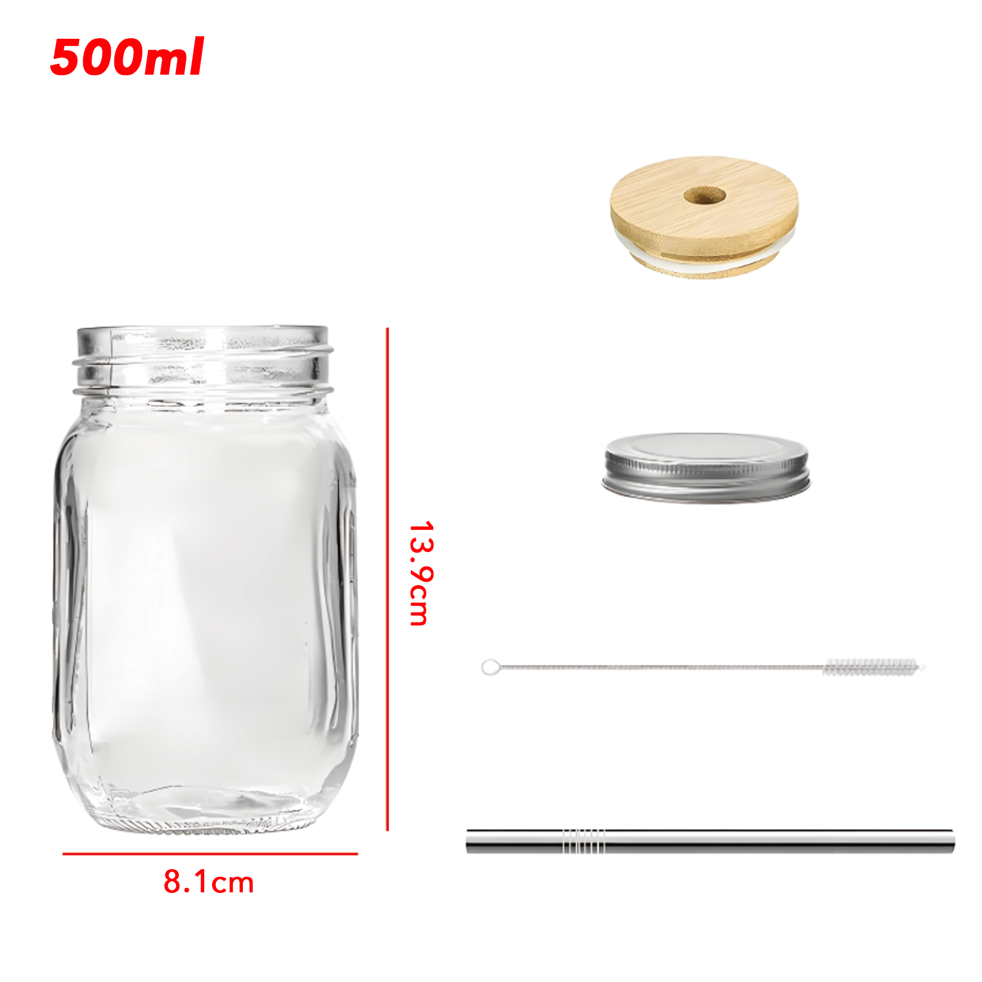 Set of 4 Mason Jar Style Glass SUS Straw with Bamboo & Tin Lids