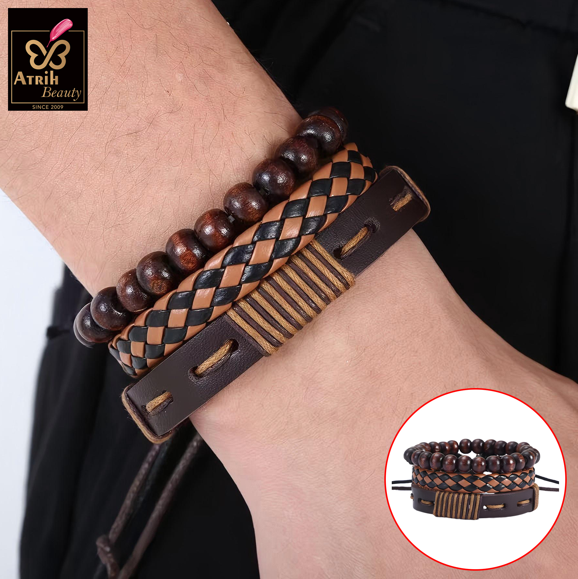 Handmade Wooden Bead And PU Bracelet