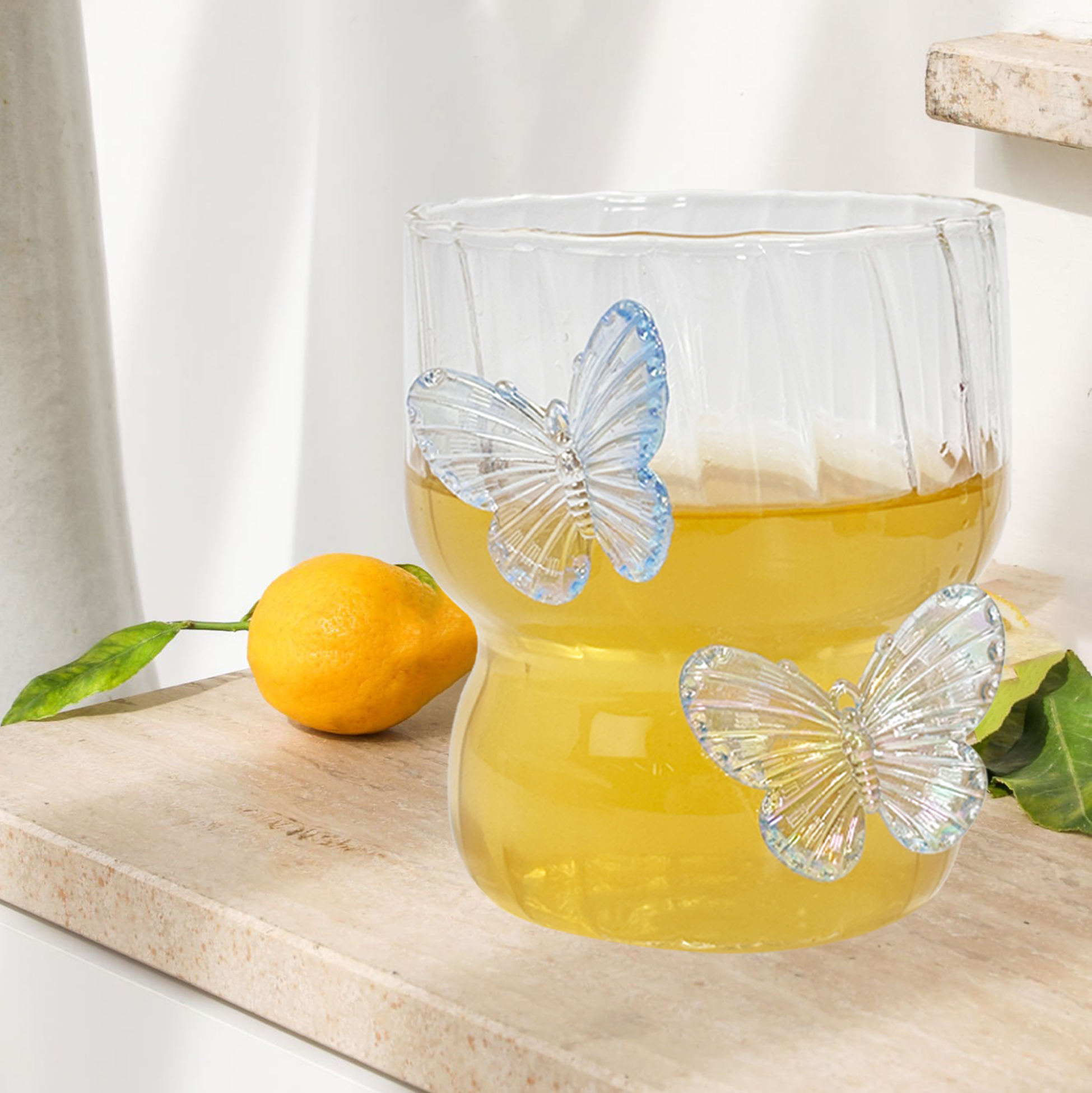 Butterfly Decorated Ribbed Glass Tumbler Set