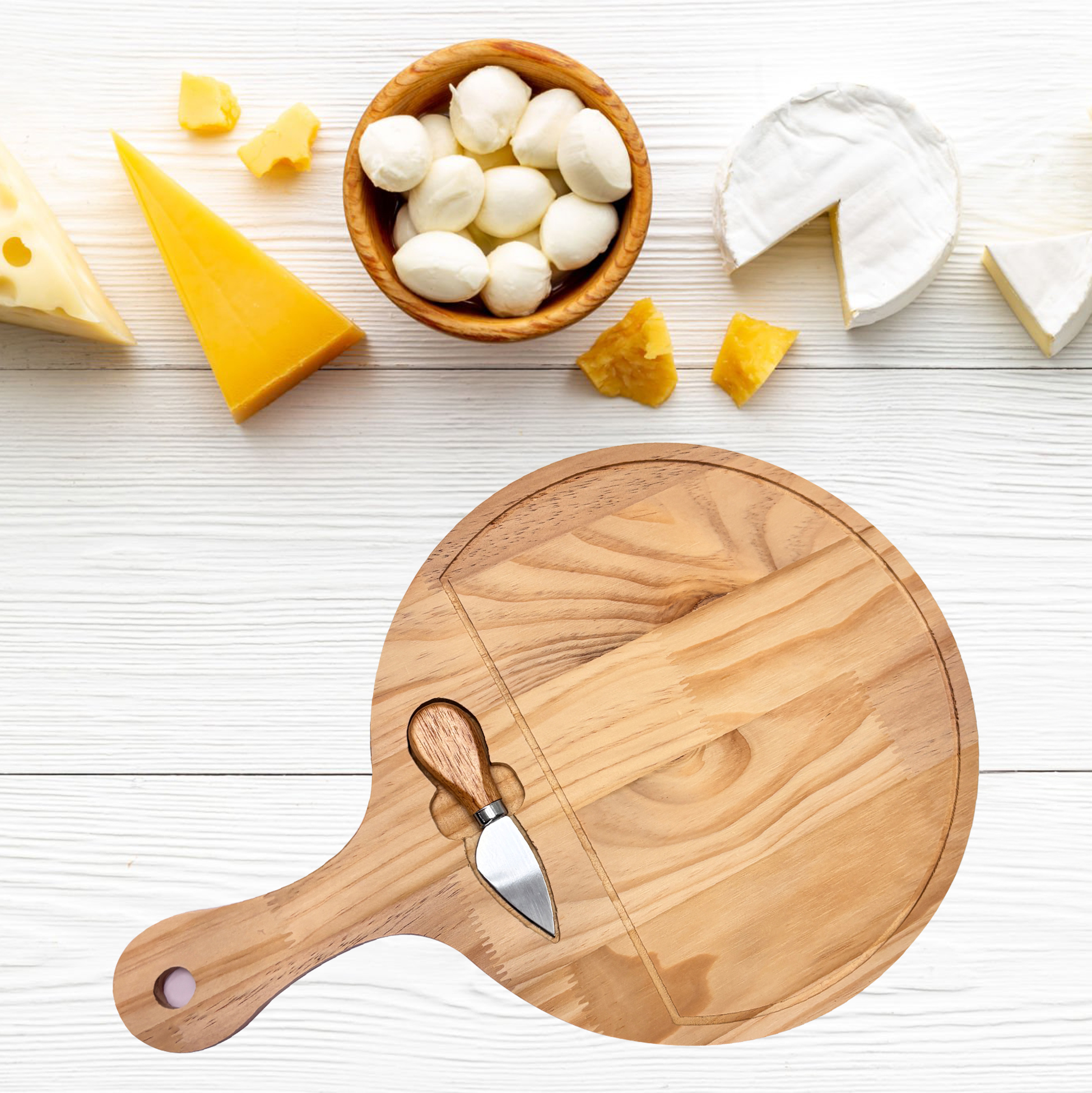 Round Wooden Cheese Board with Integrated Knife