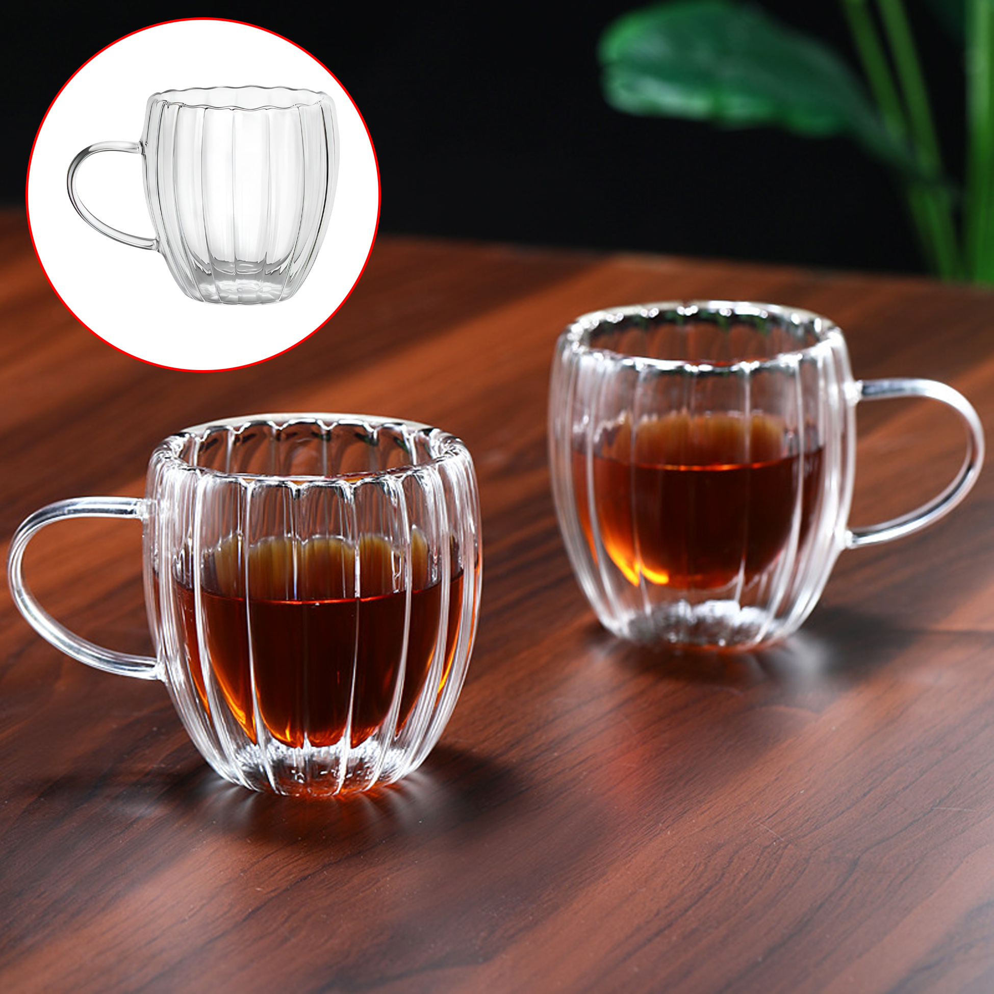 230ml/350ml Double Walled Ribbed Glass Mug with Handle