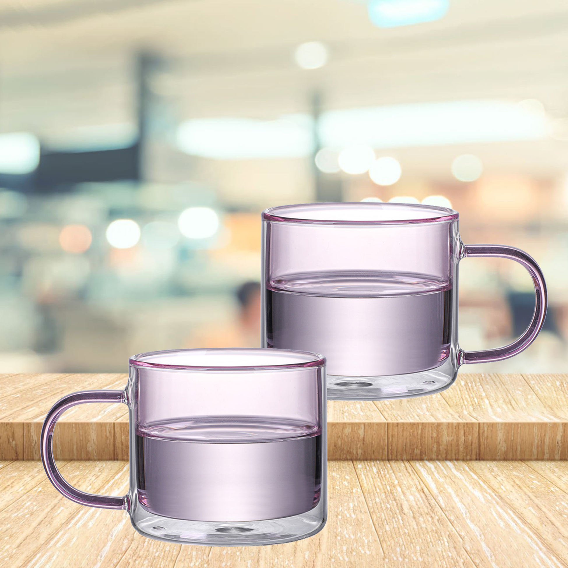 200ml Double Walled Pink tinted Glass Mug with Handle
