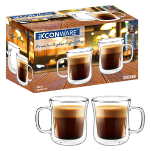 230ml/350ml/450ml Double Walled Glass Coffee Mug with Handle