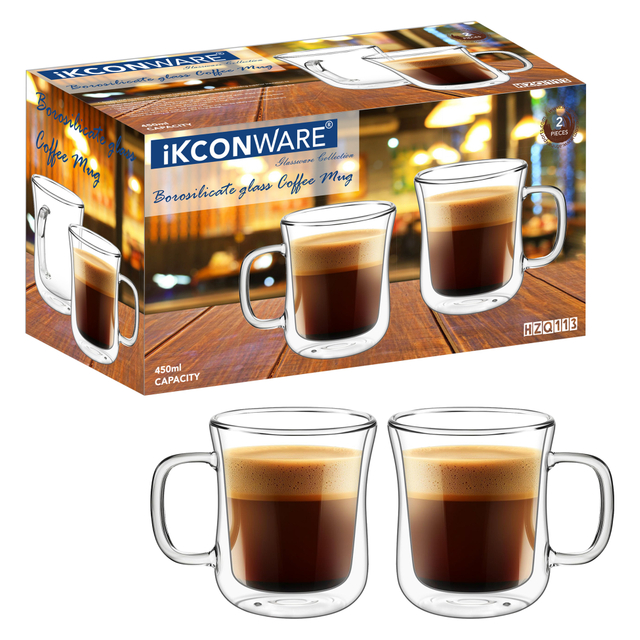230ml/350ml/450ml Double Walled Glass Coffee Mug with Handle