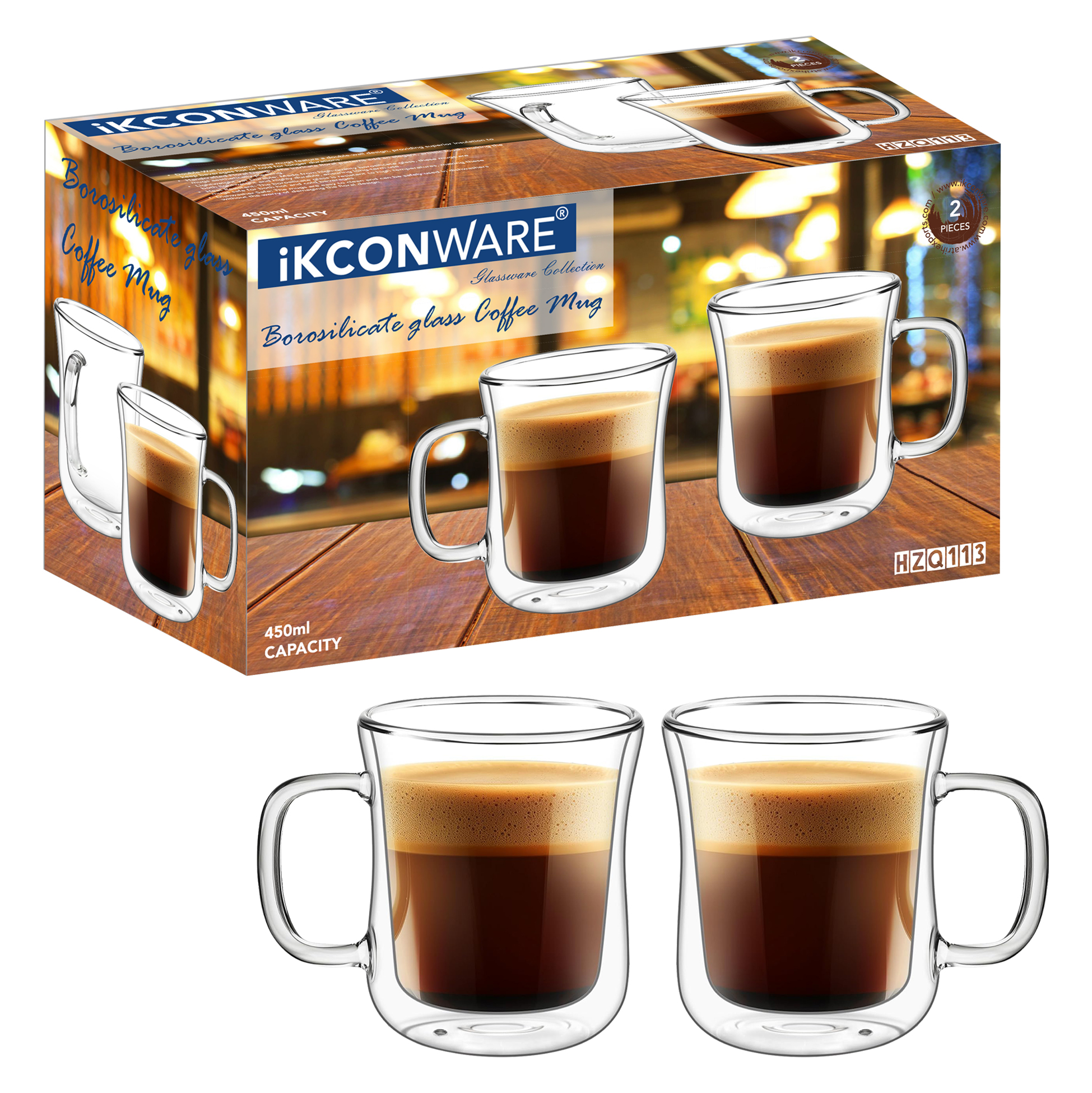 230ml/350ml/450ml Double Walled Glass Coffee Mug with Handle