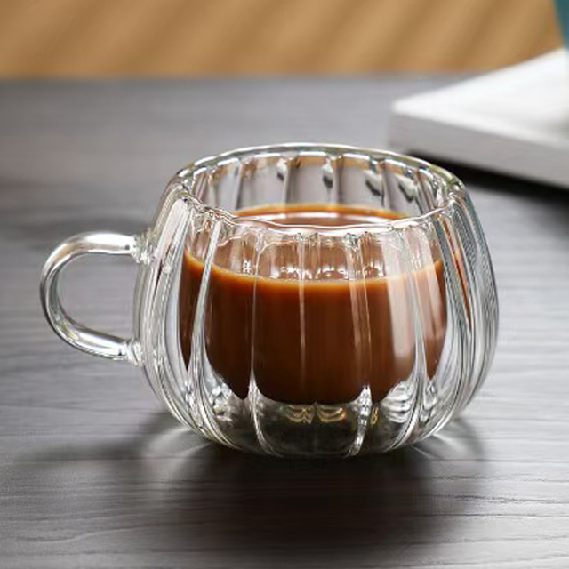 100ml Double Walled Ribbed Glass Coffee Mug with Handle