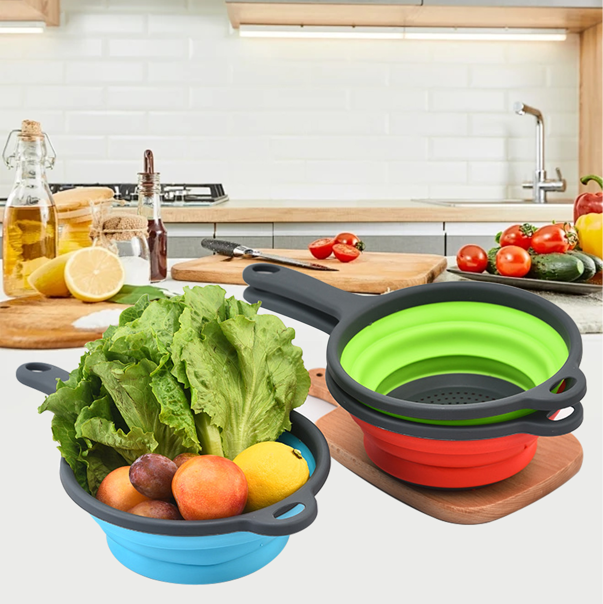 Kitchen Foldable Silicone Strainer Colanders, Collapsible Colanders with Handles