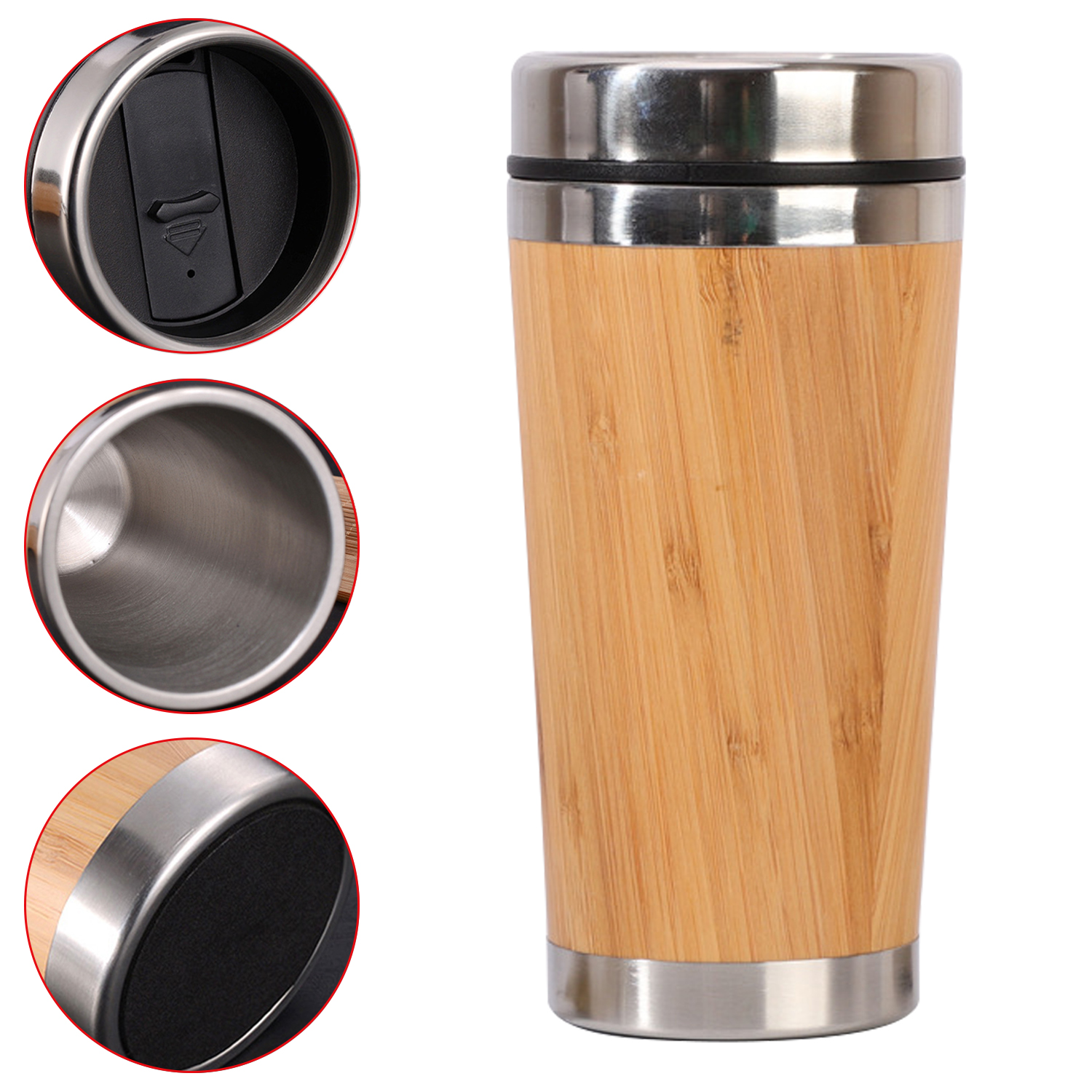 450ml Double Wall Stainless Steel Bamboo Shell Coffee Mug For Travel & Office
