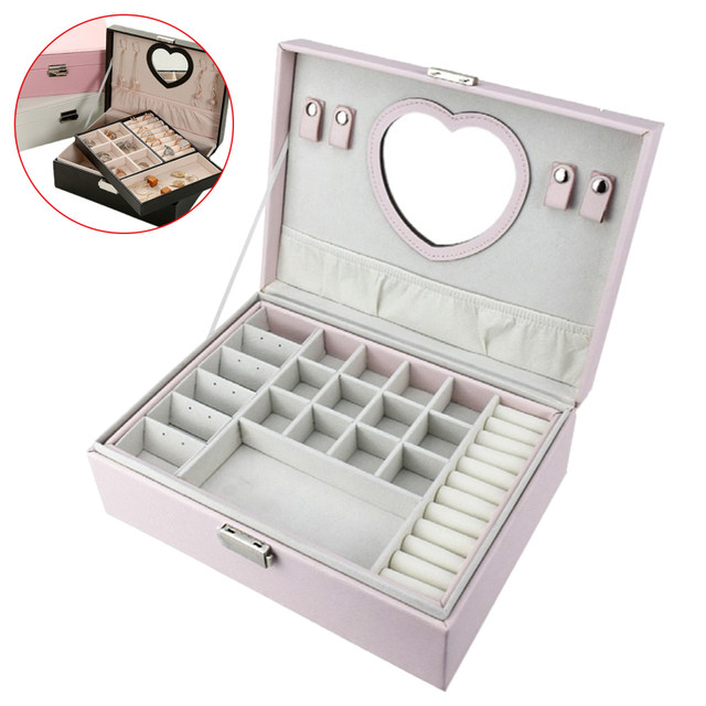Jewellery Box With Mirror Square Pink Accessories Portable Storage Box For Girls Home Decoration