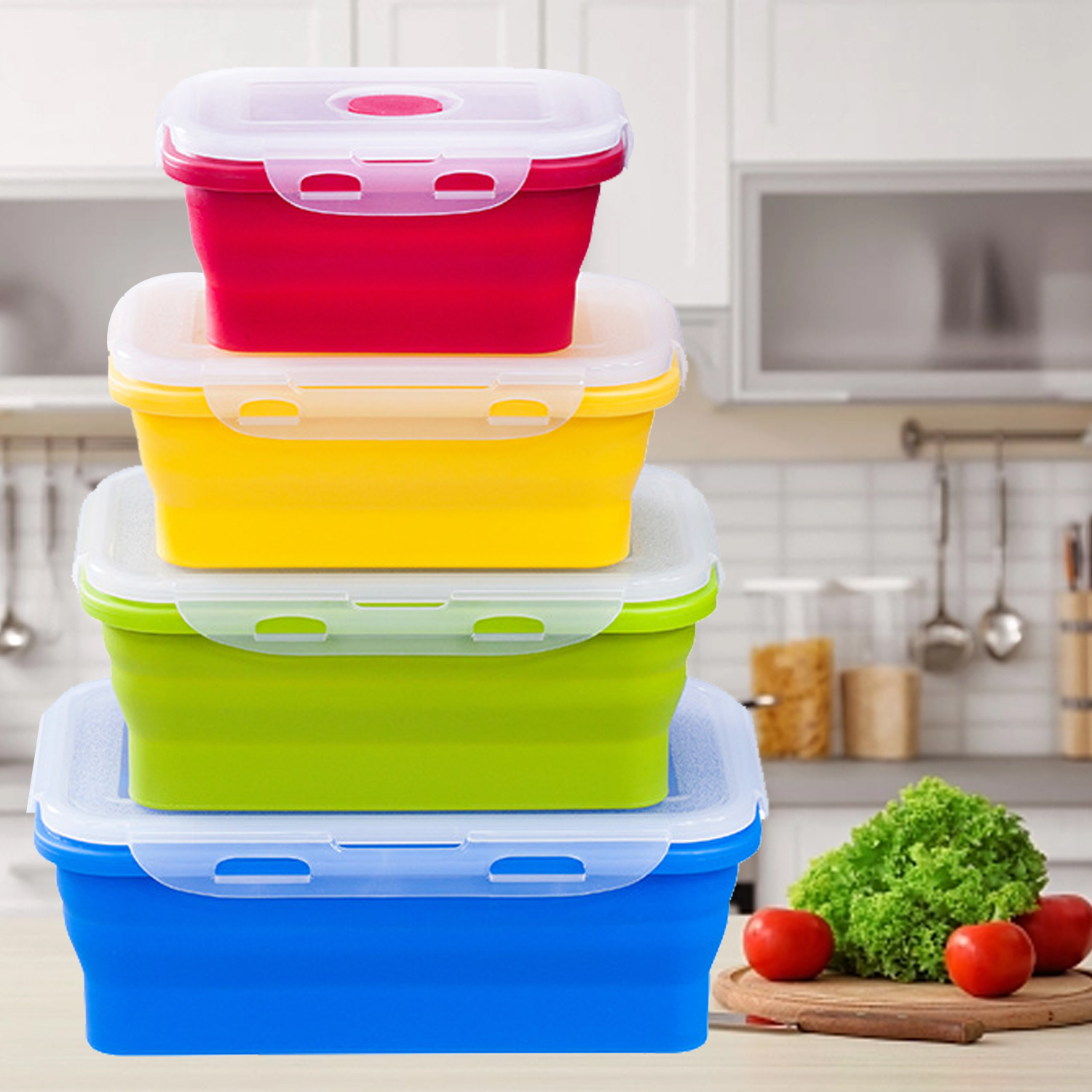 Silicone Folding Lunch Box with Lid 350ML/500ML/800ML/1200ML 4-piece Set Silicone Square Portable Folding Lunch Box
