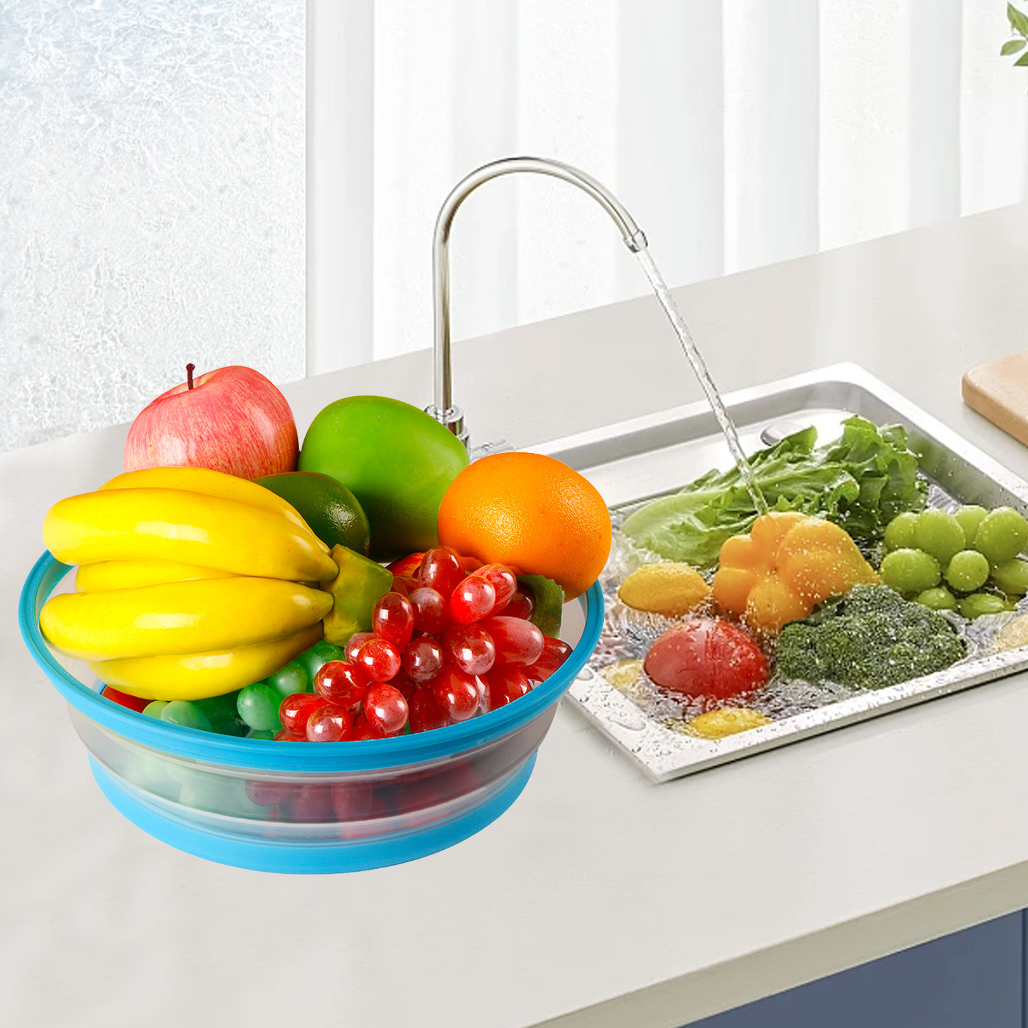 Multi-functional Washing Basket Folding Silicone Fresh-keeping Lid Colander Strainer Fruit Vegetables Washing Basket Plate Lid