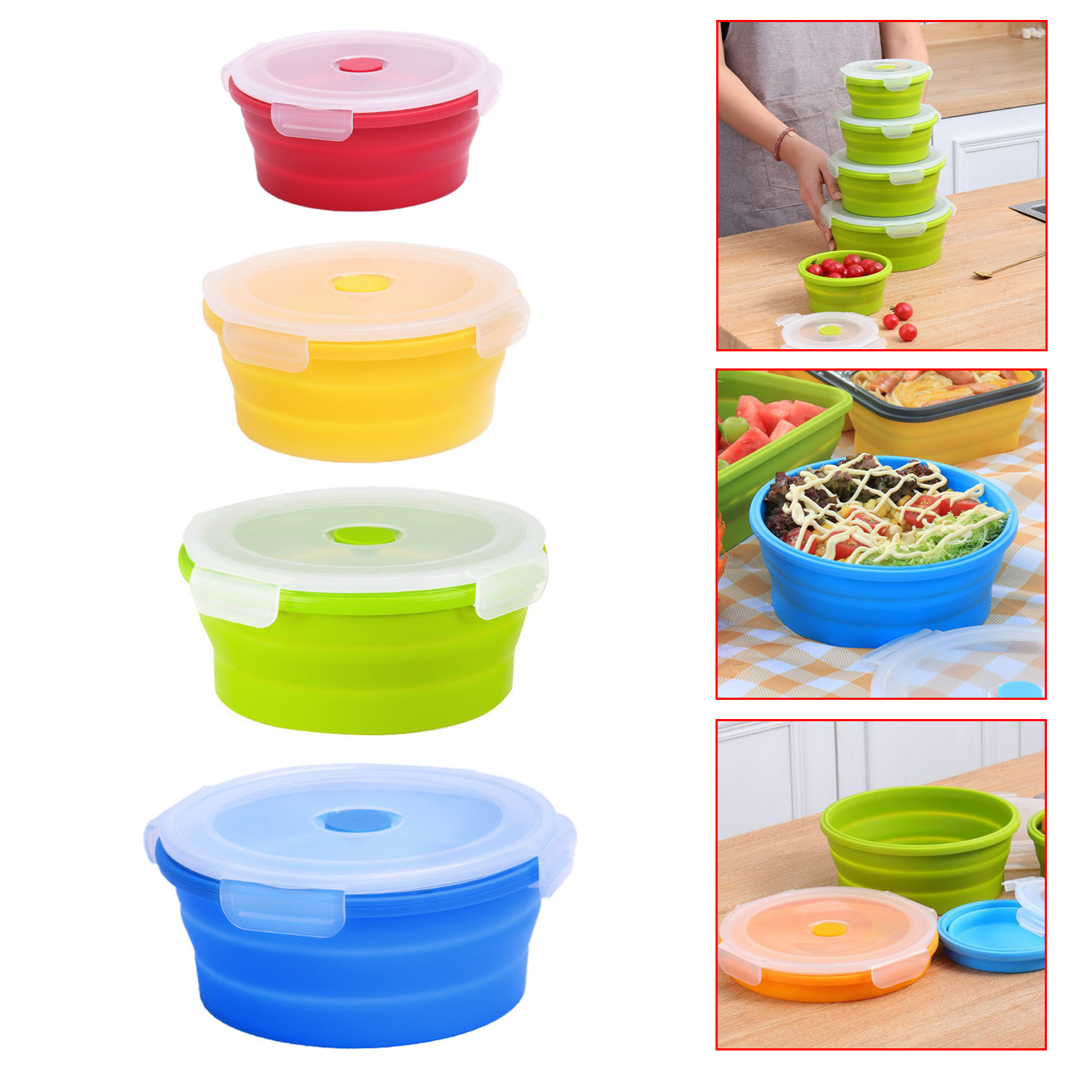 Silicone Folding Lunch Box with Lid 350ML/500ML/800ML/1200ML 4-piece Set Round Silicone Portable Folding Lunch Box
