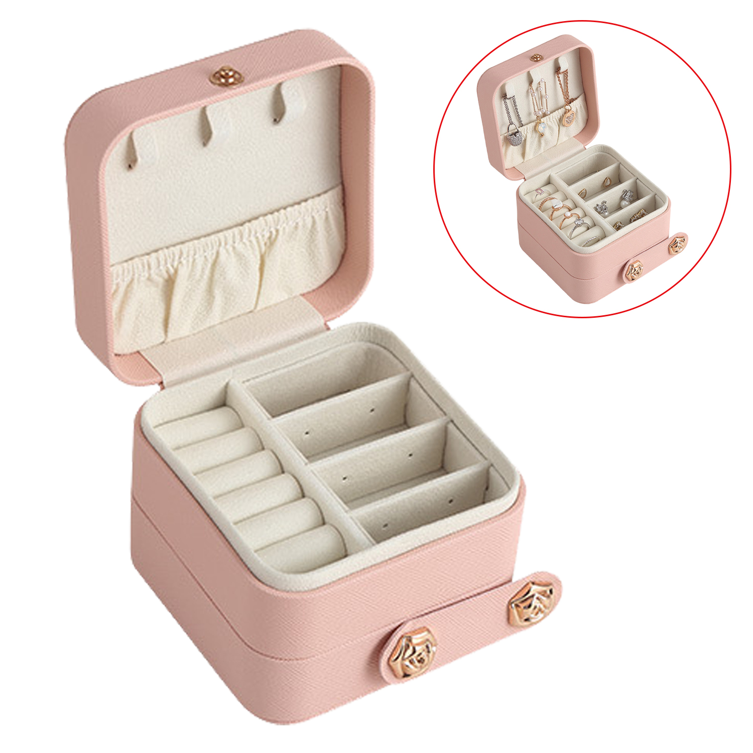 Wholesale PU Leather Small Double Layer Square Jewelry Box Travel Jewellery Organizer Necklace Ring Earring Gift Case