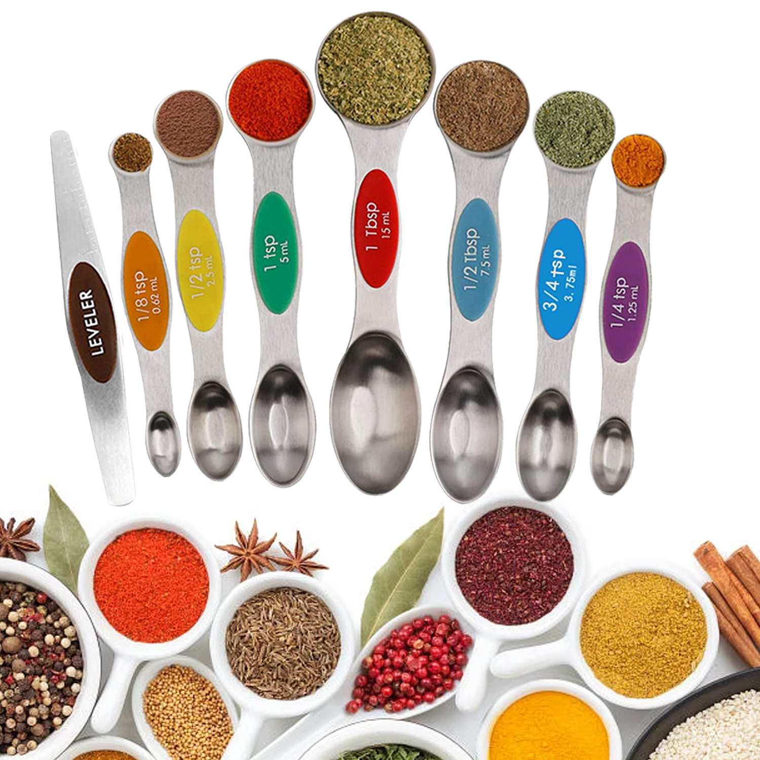 8 PCS Stainless Steel Double Headed Measuring Spoon Leveler Set For Baking With Magnetic Multicolor