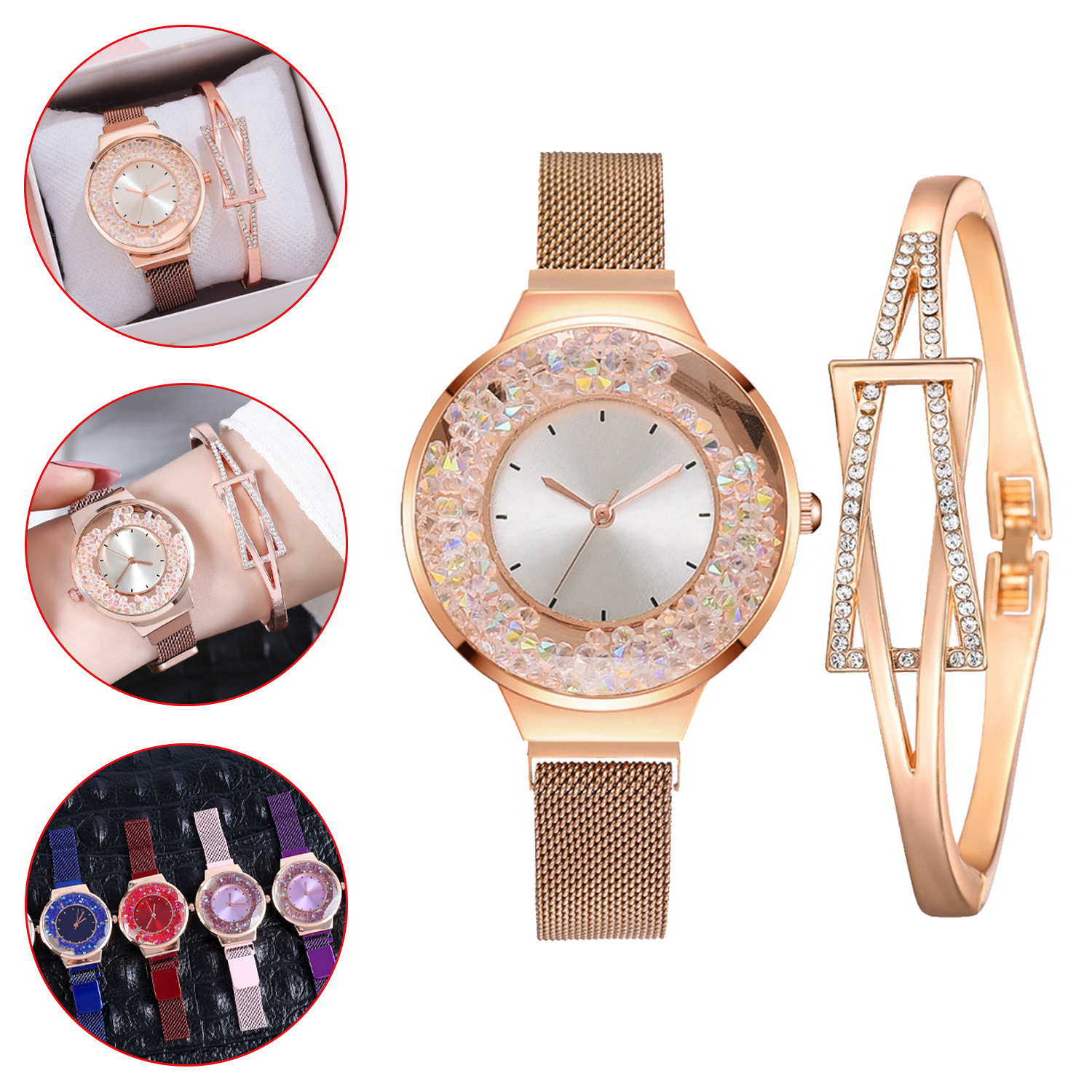 Ladies Jewelry Watches Quartz Magnet Buckle Movable Rhinestones Women Wristwatches Gift Set 