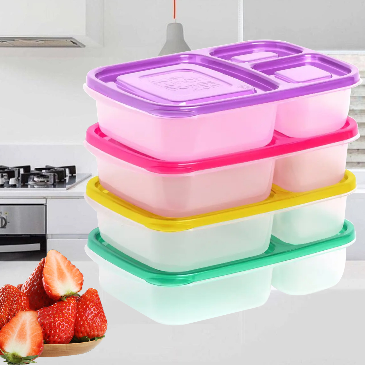 Multi Color Plastic Three Compartment Lunch Box Food Lunch Box Microwave Picnic Food Container Storage Box