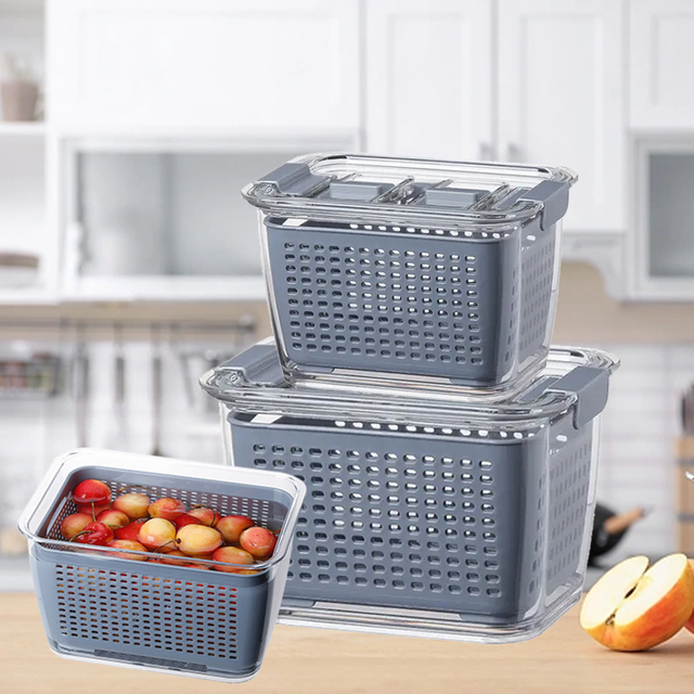 Refrigerator Food Storage Containers With Lid Storage Box Fresh Vegetable Fruit Boxes Drain Basket Storage Containers