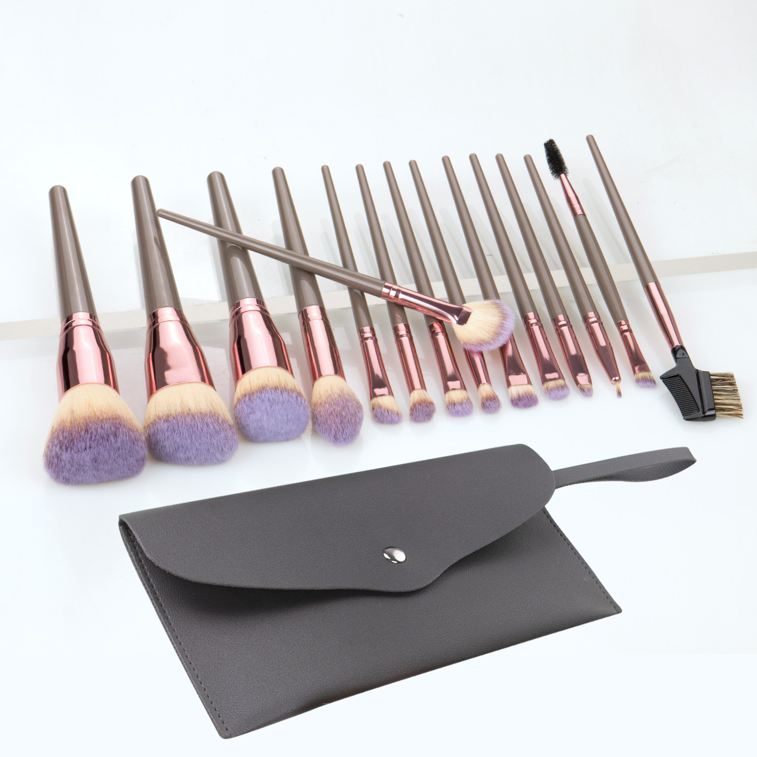15Pcs Bling Makeup Brush Set With Gray Pouch Makeup Brushes Vegan Makeup Brushes Synthetic Hair Plastic Handle