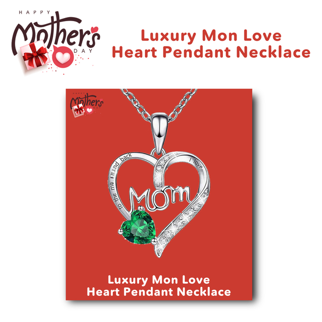 Luxury "Mom" Love Heart Pendant Necklace Wiht Green Gem