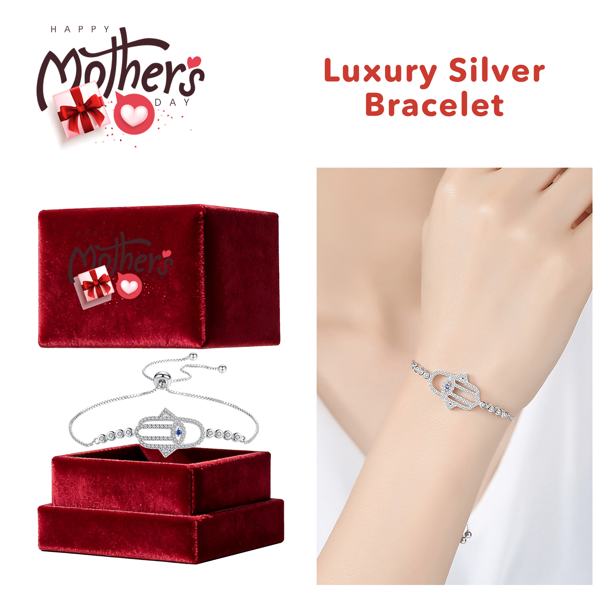 Mother's Day Luxury Silver Bracelet Hamsa Hand Silver Diamond Bracelet