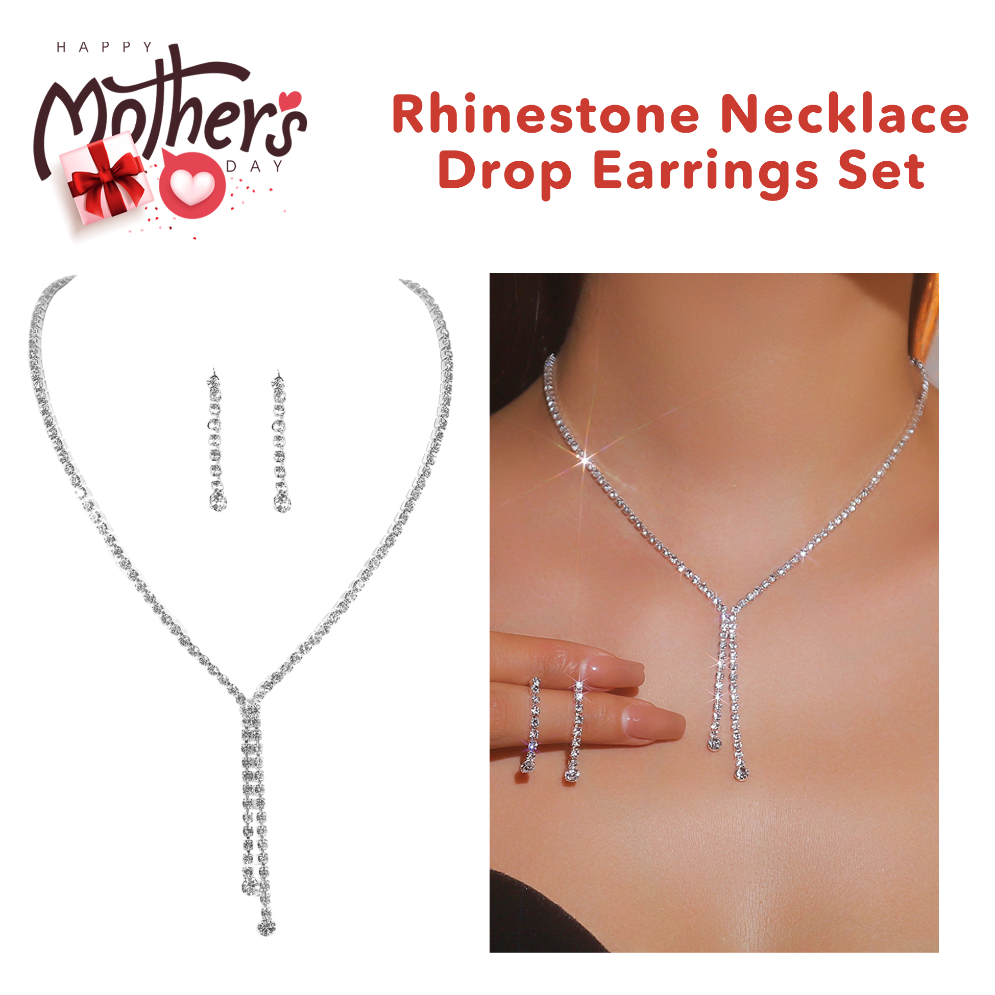 Mother's Day Rhinestone Necklace Earrings Set