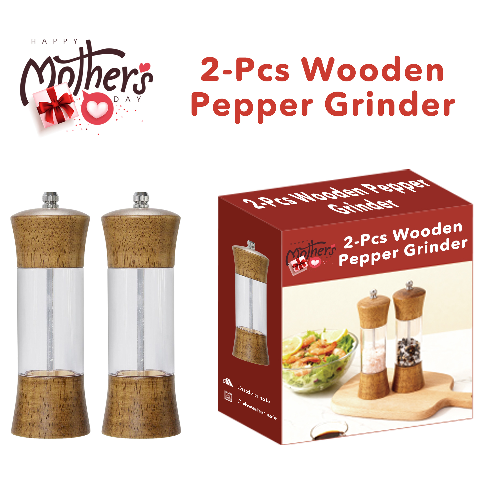 2-pcs Wooden Pepper Grinder Set Bamboo Wooden Pepper Mill Set