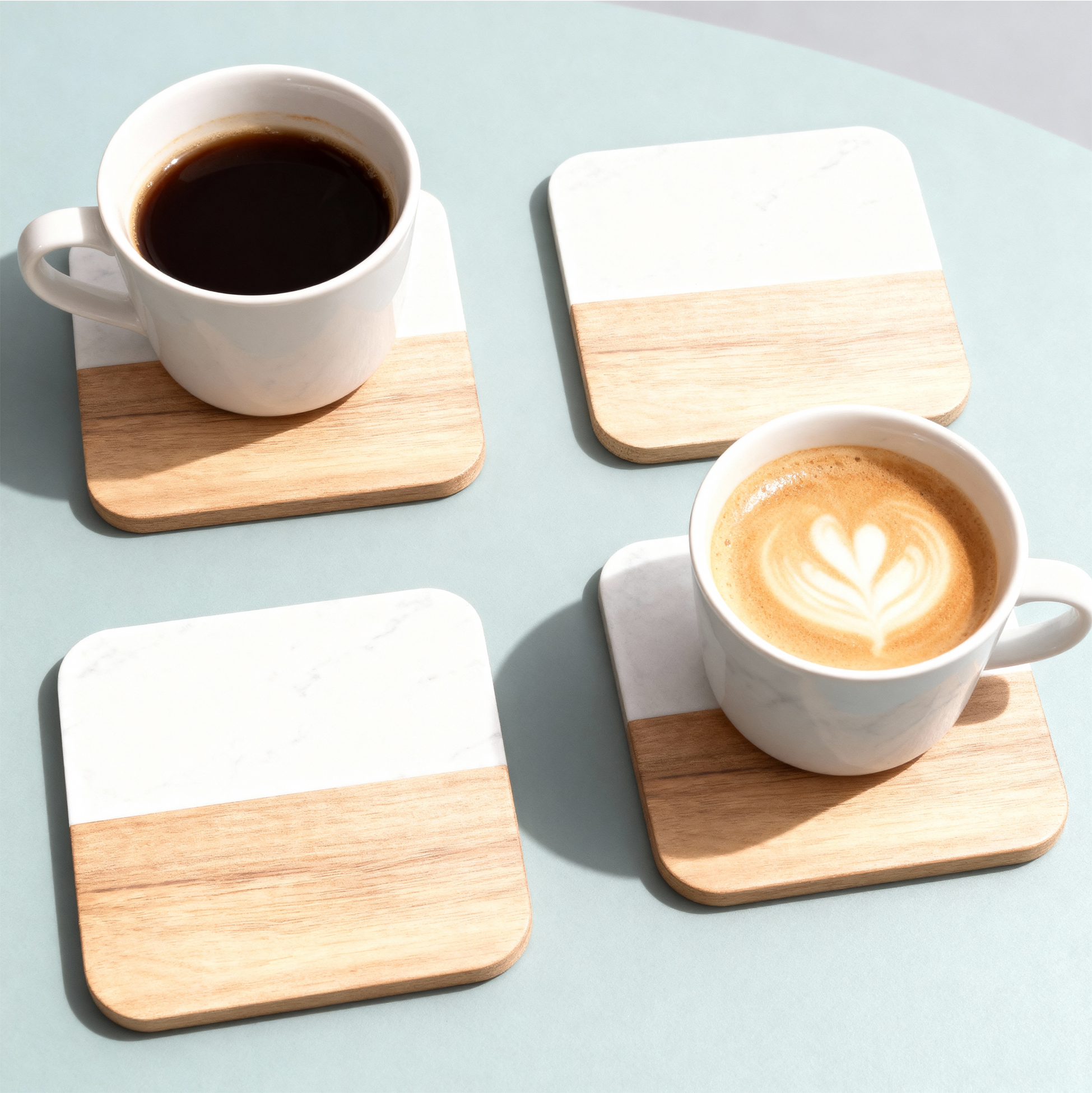 4-pcs Marble & Wood Square Coasters Set